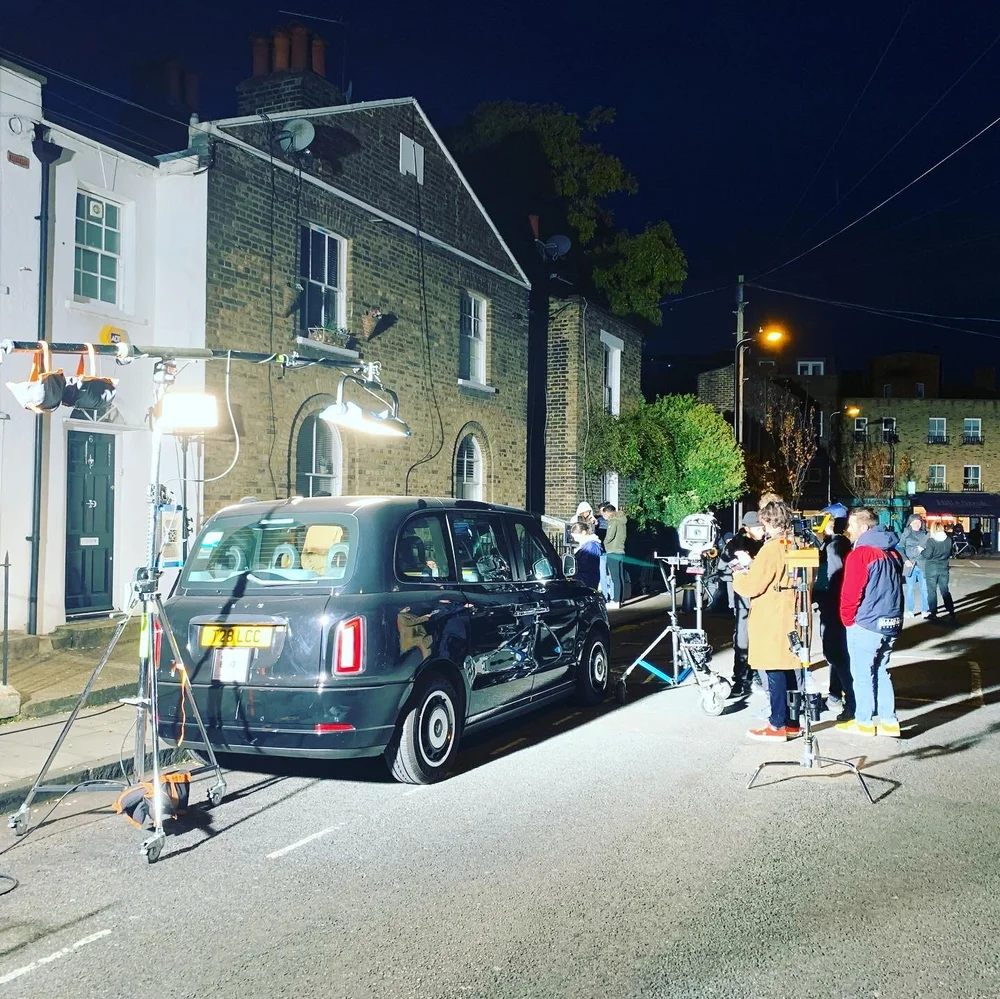Professional camera rigging on a London Black Cab for a high-end film production shoot