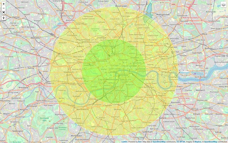 Map of London Black Cab filming radius covering Central and Greater London zones