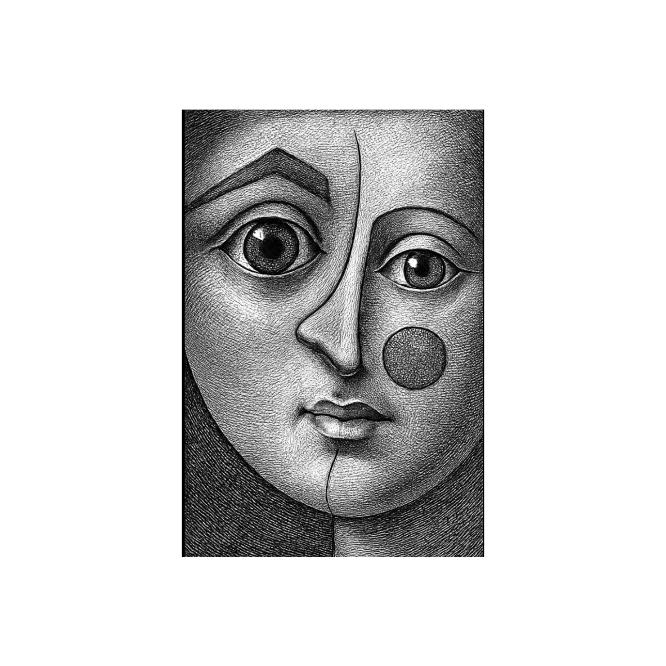 Black and white portrait of a stylized clown face with asymmetrical features, large eyes, a rounded nose, and a stitched mouth.
