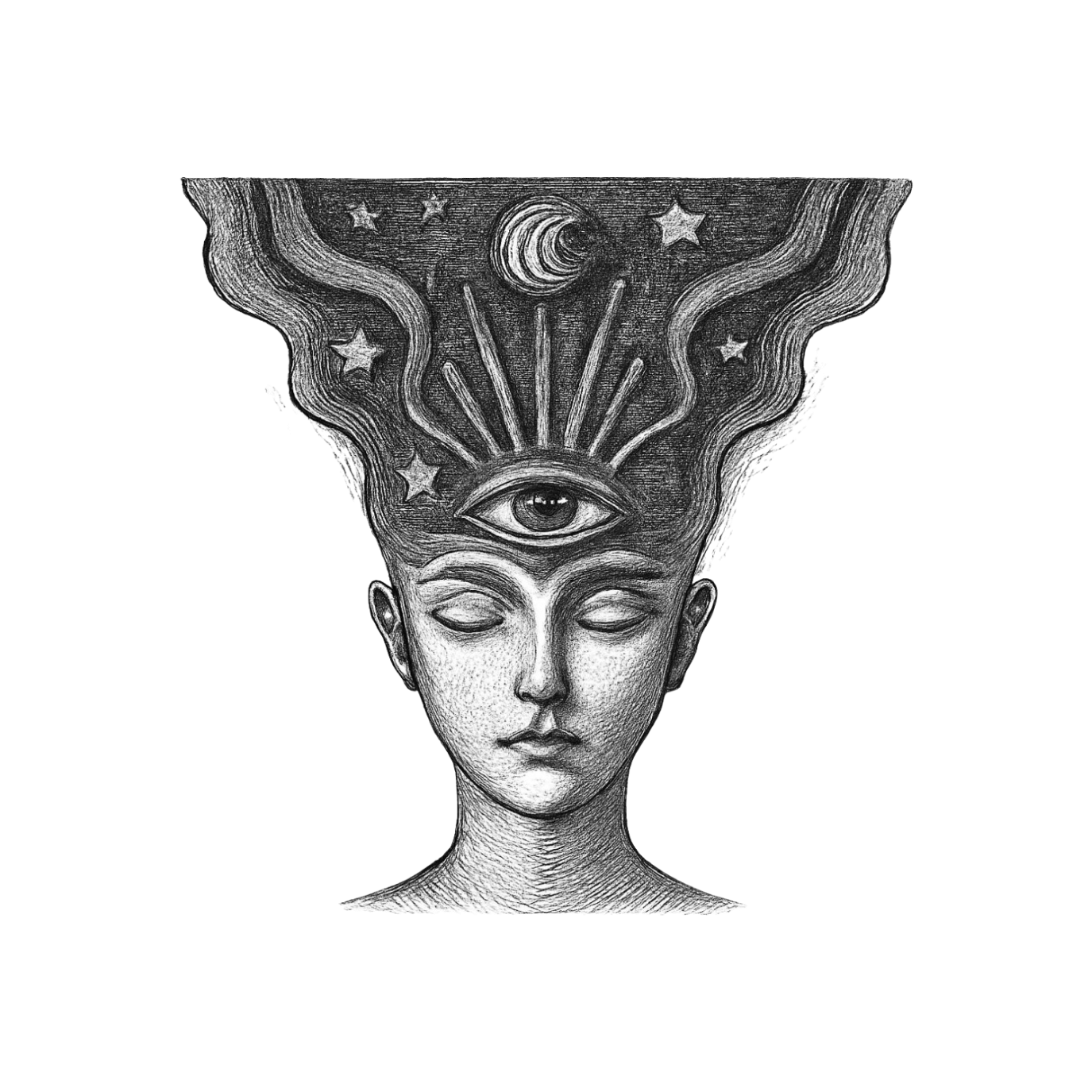 Black and white drawing of a woman's face with eyes closed, an eye on her forehead, and a headpiece featuring stars, the moon, and a swirling pattern.