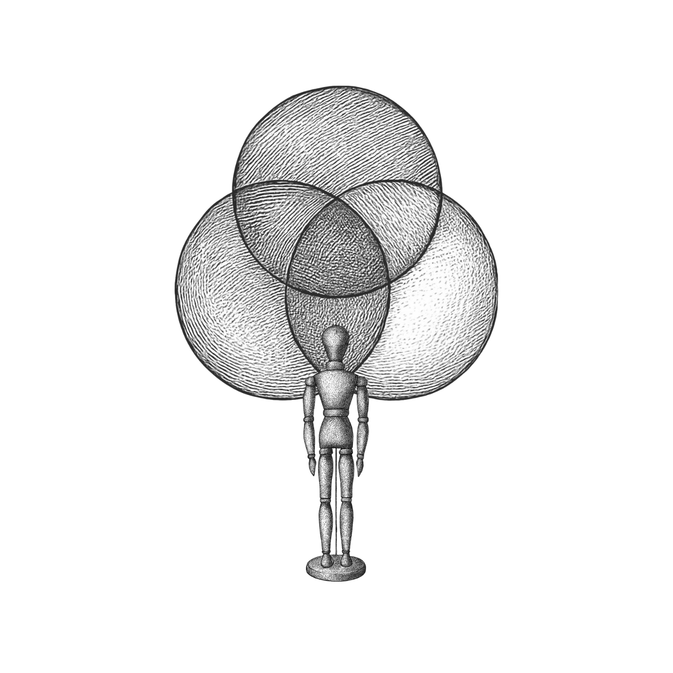 A digital illustration of a mannequin facing away, positioned in front of a collection of five wireframe spheres, with blurred gray and white rectangles in the background.