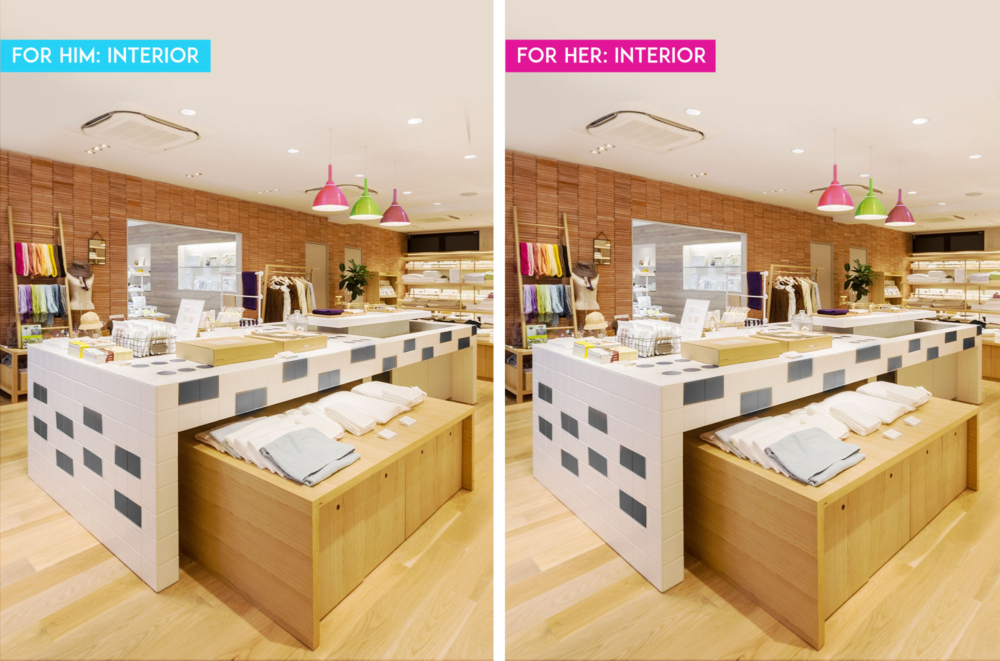 Once inside, the store layout, the products, and even where those products are placed, are absolutely identical. There's no way to tell which store you are in.