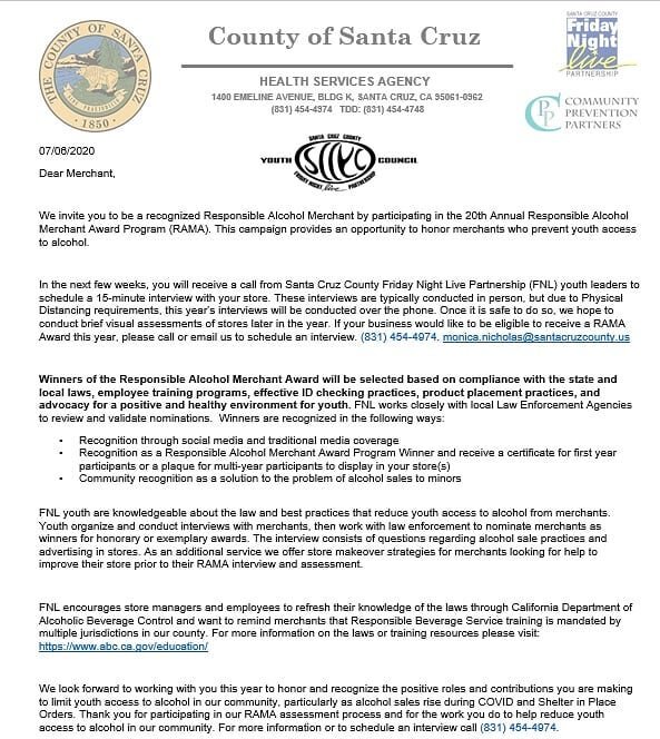 We are kicking off our 20th year of the Responsible Alcohol Merchant Award (RAMA) program!  It looks a little different with assessments conducted over the phone and new questions to acknowledge temporary changes in State alcohol laws, but we are exc