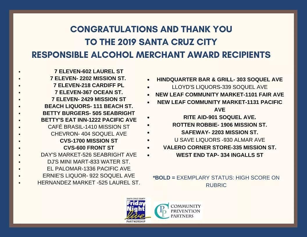Congratulations and thank you to the 2019 City of Santa Cruz Responsible Alcohol Merchant (RAMA) Award Winners. These businesses all have, and follow, practices to prevent underage drinking. Recipients were identified by an interview with either Sant