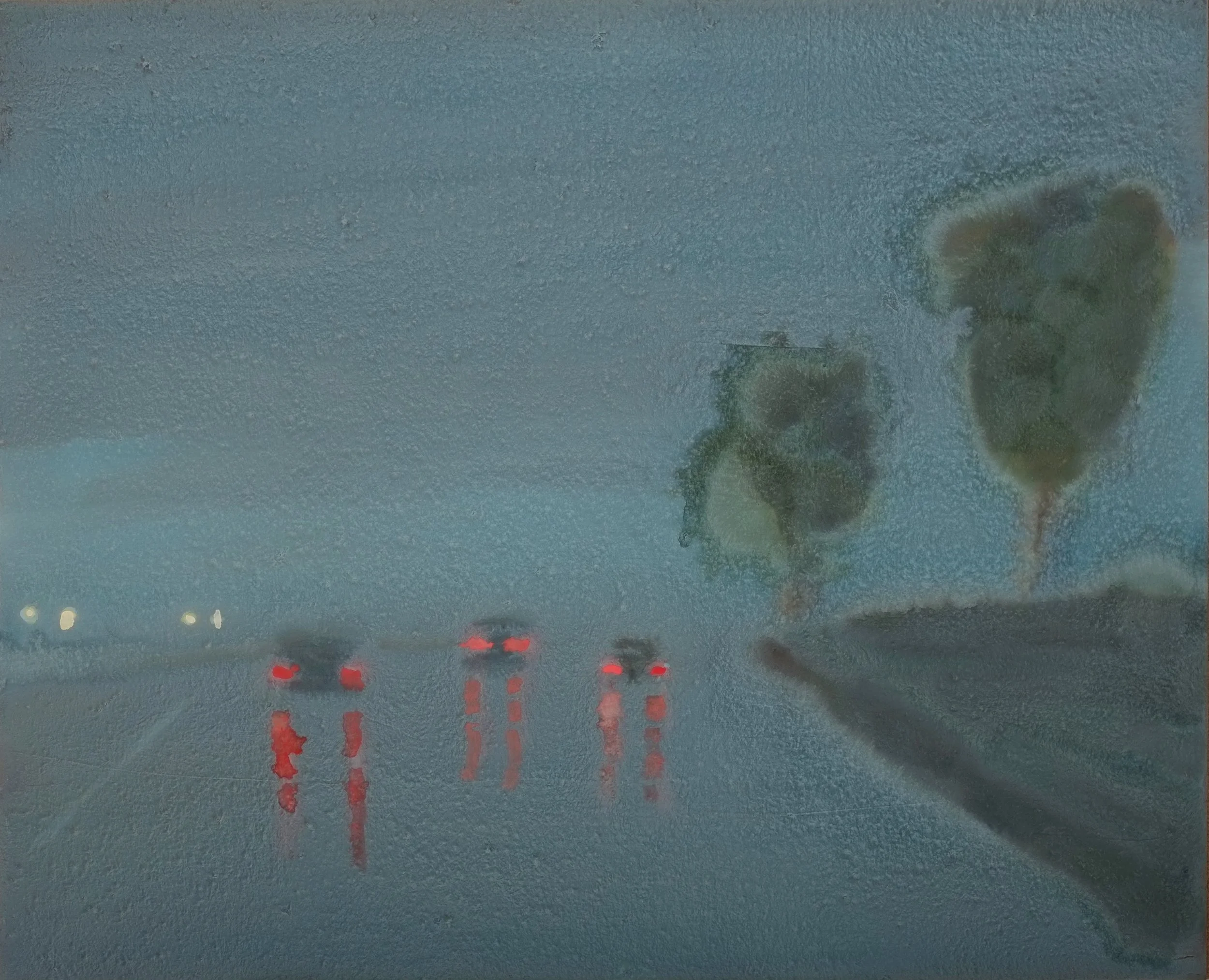    Road in Rain    2024  watercolor and gouache on paper  17” x 14” 