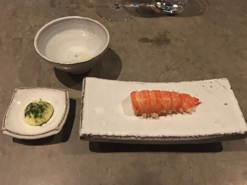 5th course from our meal at Frantzen - deep fried langoustine, dried rice, clarified butter mayonnaise