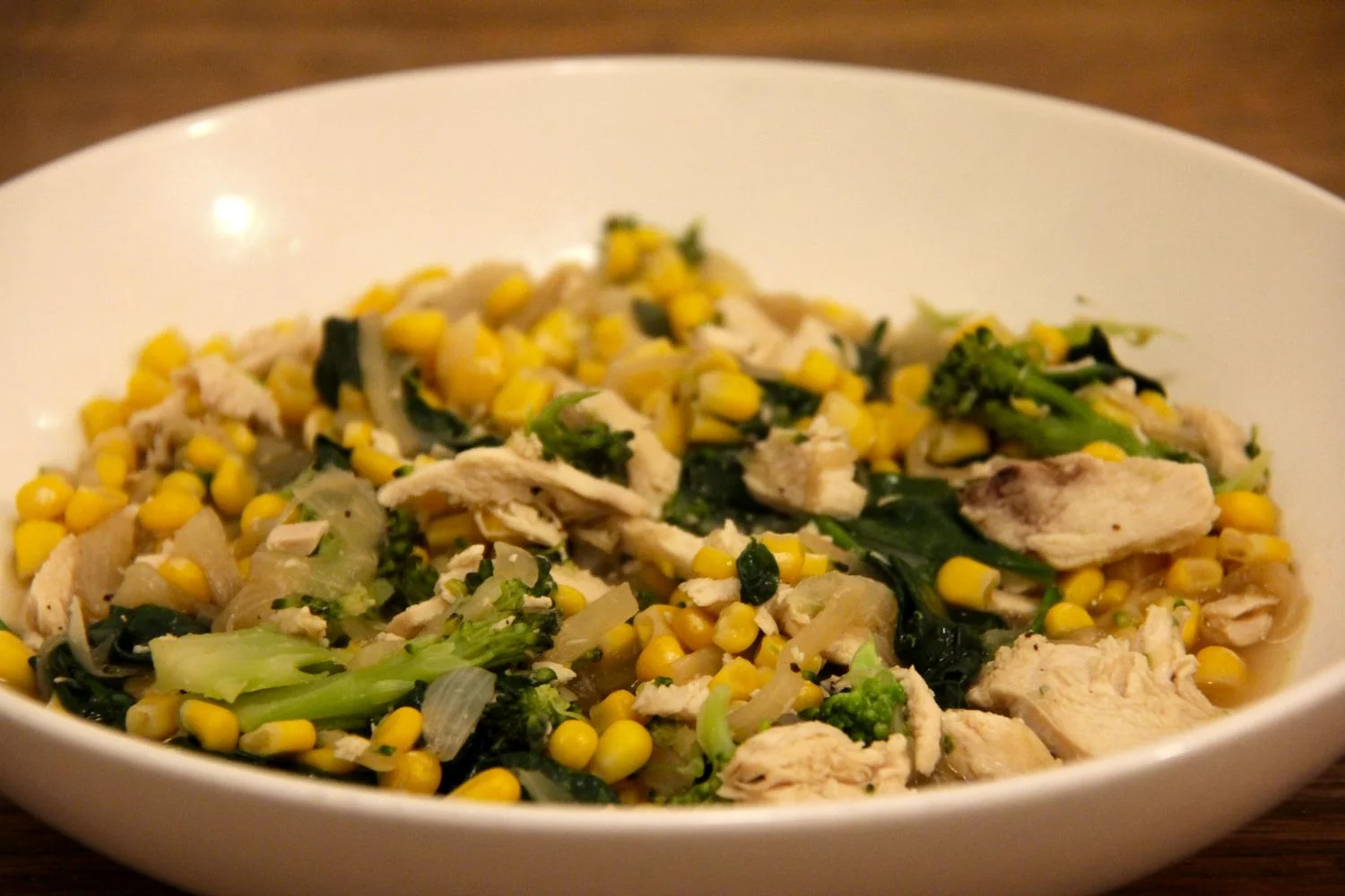 Chicken and corn soup - 'boosted' with broccoli & spinach