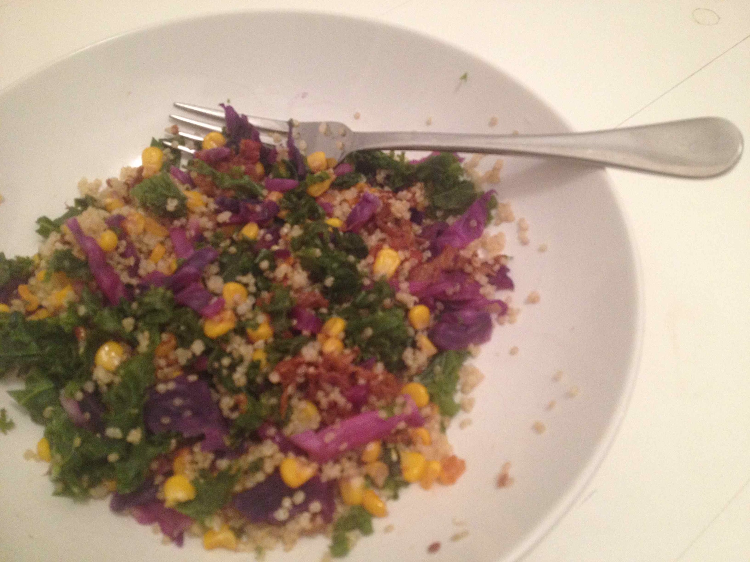 Friday | Pulled pork .... again! Reinvigorated and made colourful with kale, red cabbage and corn