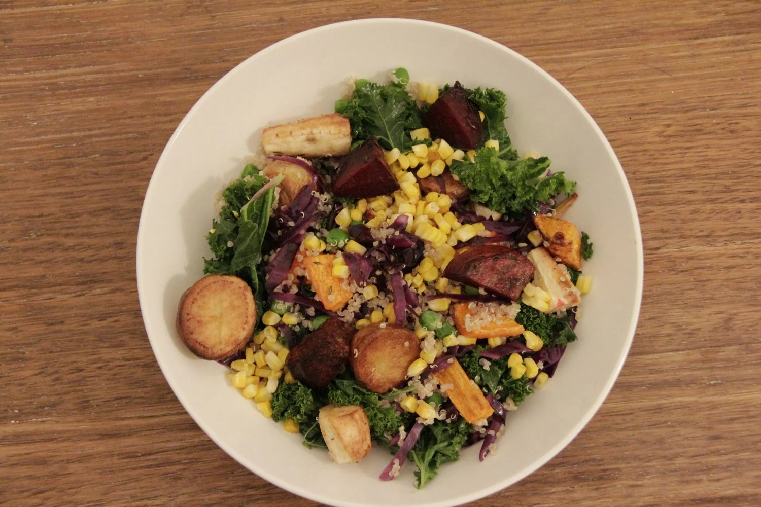 Recipe for one | One meal - NINE different vegetables! Warm salad of roasted root vegetables with corn, kale and quinoa served with home made lime aioli