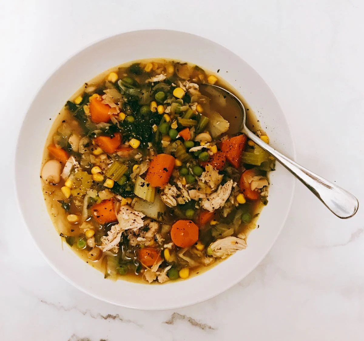 Chicken and vegetable soup with butter beans and thyme