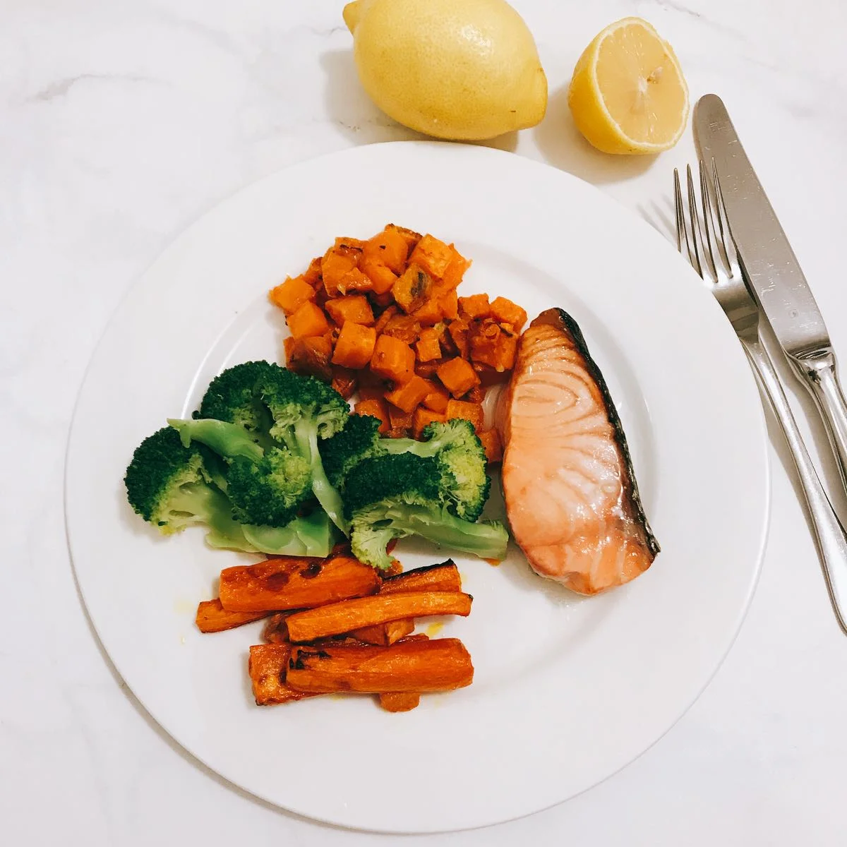 Sheet pan roasted salmon, carrots & sweet potato with broccoli
