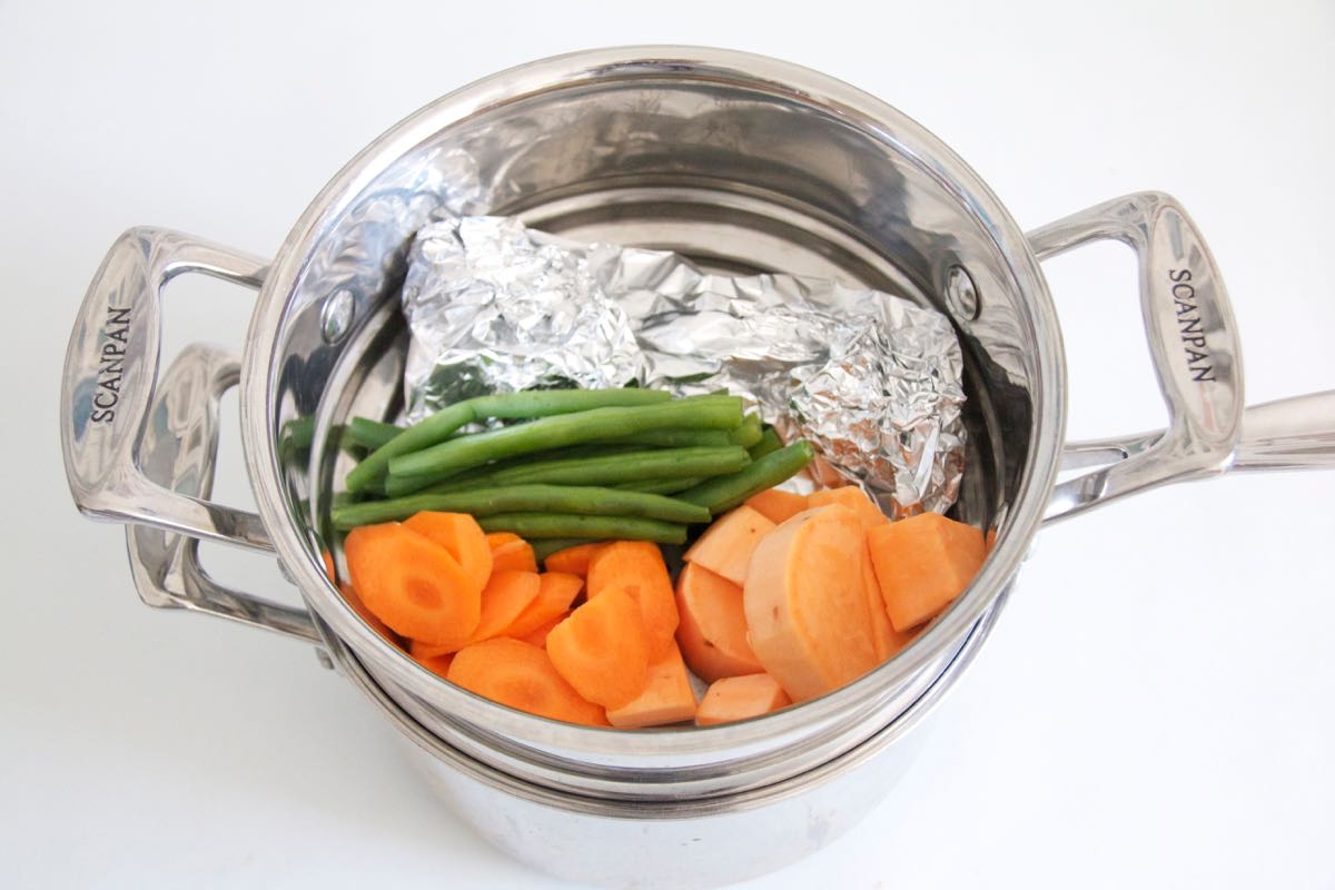 Steamed salmon with steamed vegetables