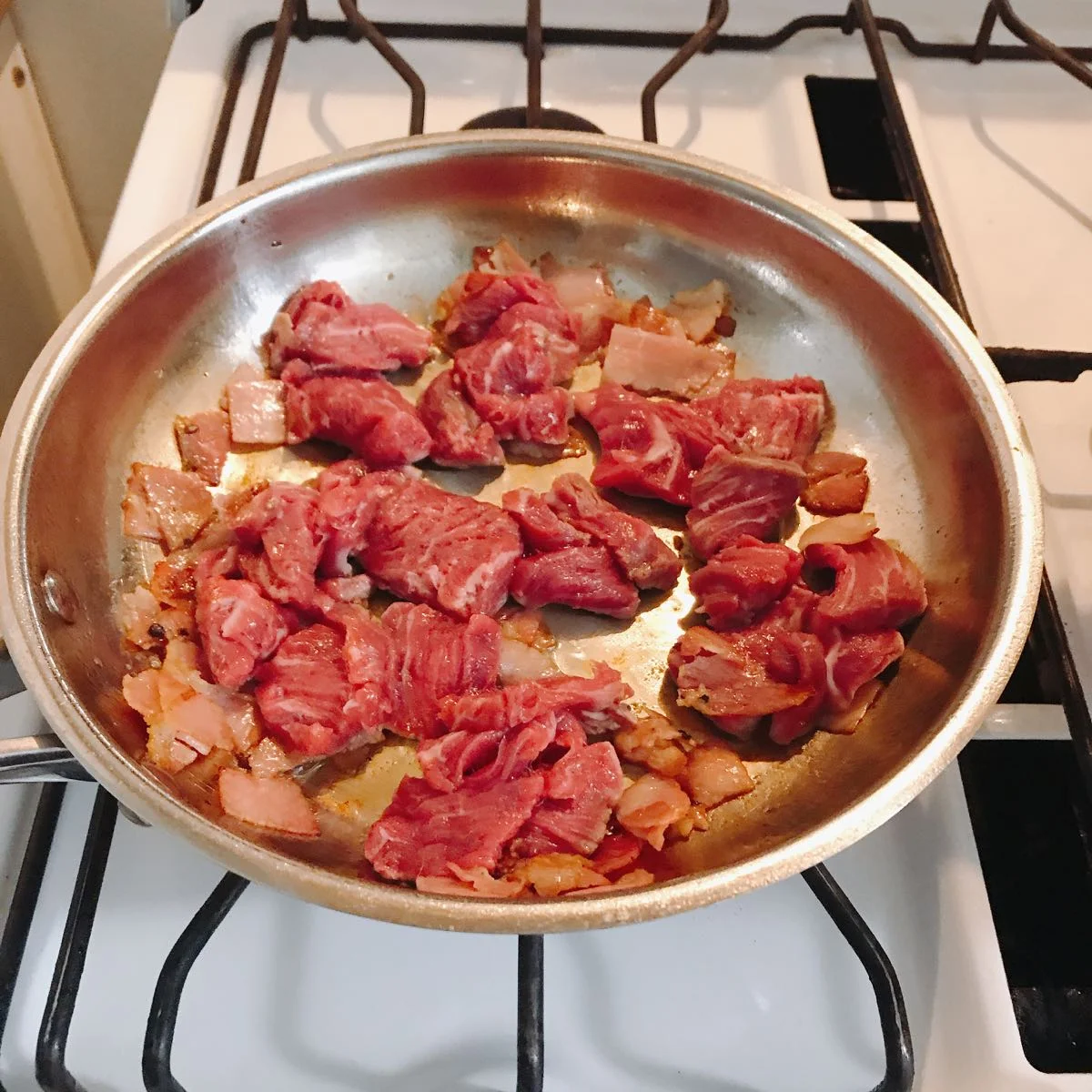 Step 3 is to add the beef to the pan and gently cook. As this is such a premium piece of steak, the trick is to just cook it through so it doesn't become tough. I sliced the pieced very thinly so this only took about 5 minutes.