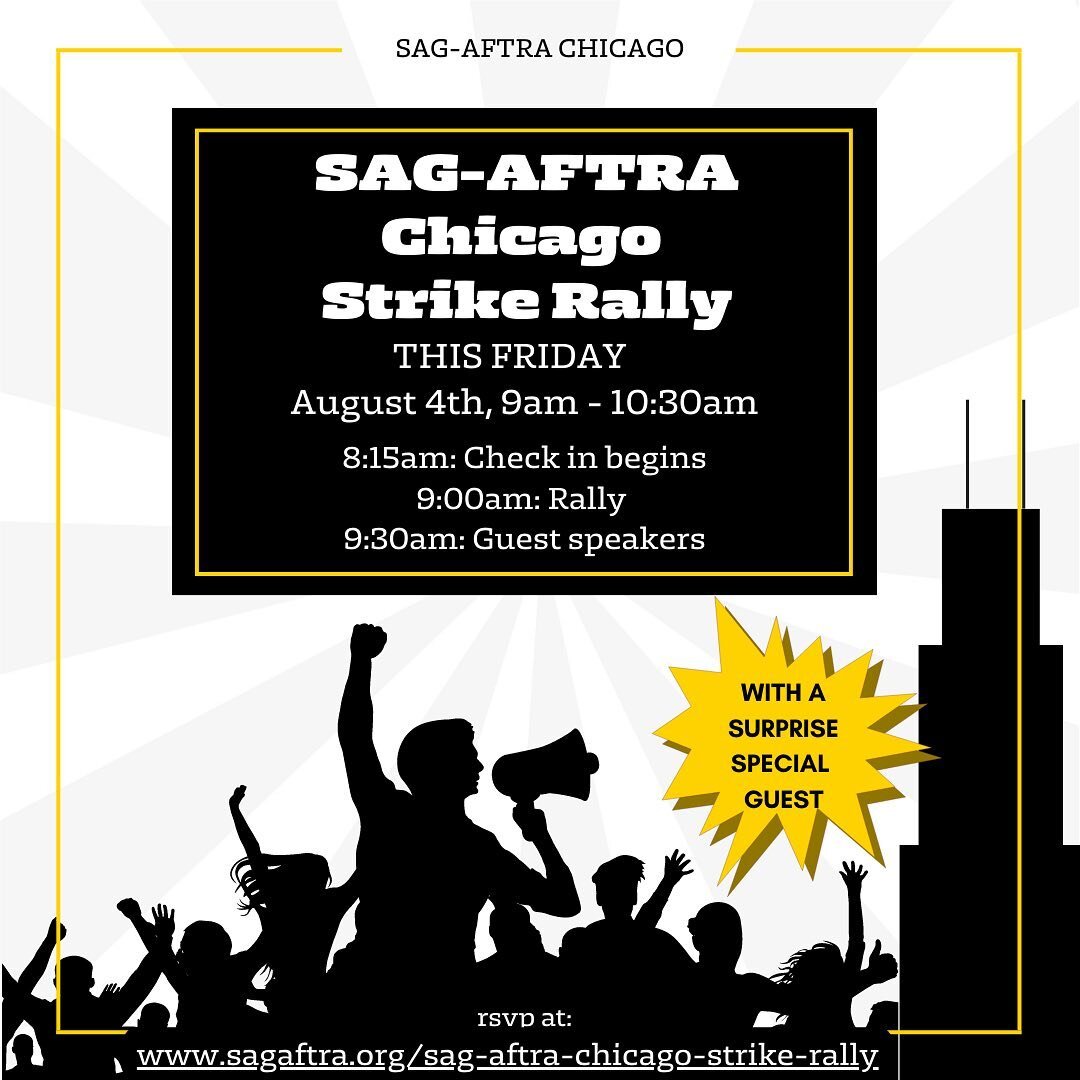 Two Union Strong Chicago rallies! Everyone is welcome! Our SAG-AFTRA Chicago Local Rally is Friday and Sean Astin, from our negotiating committee, will be our special guest! A big thank you to Sean for fighting hard for everyone in the union! 

The o