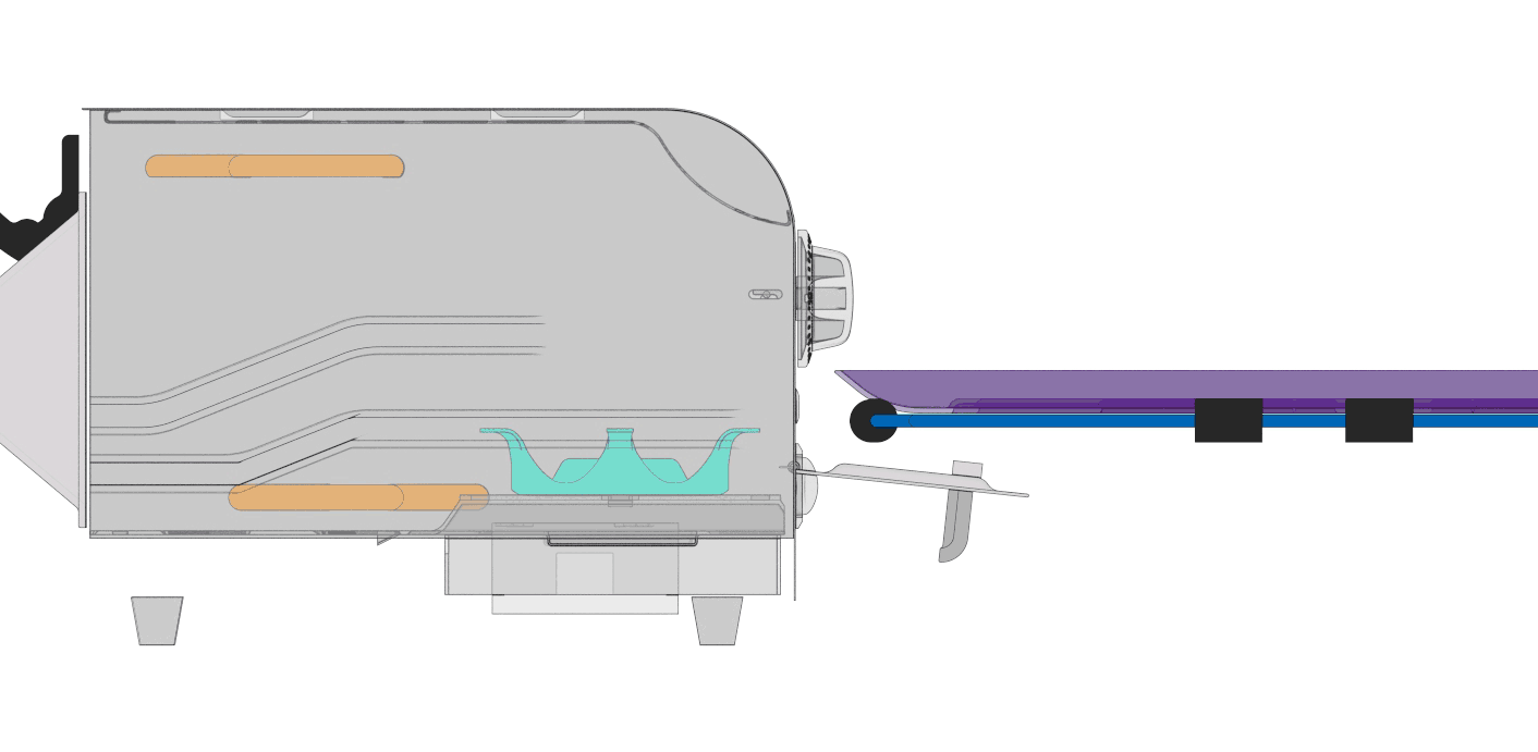  Here you can see the pizza triven in blue, sliding into channels we've created in the stamped walls. The channels guide the trivet down and out of the way of the pizza tray (purple) which rests on the spider gear (green). When the pizza is pulled ou