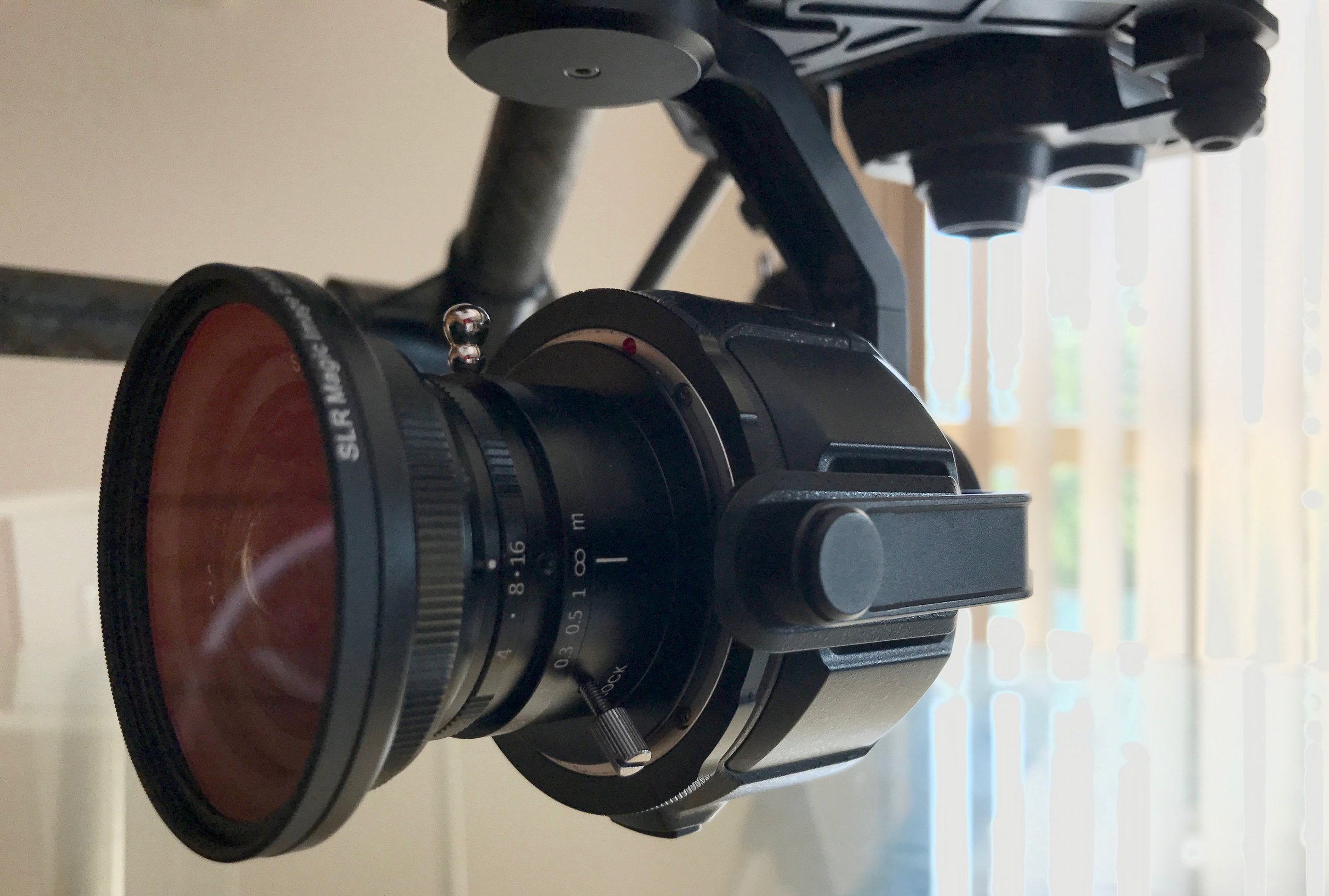SLR Magic 8mm Lens attached to the DJI X5 Camera with the 52mm Image Enhancer Filter