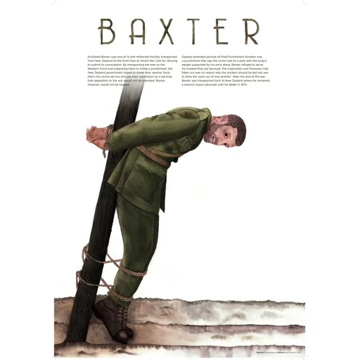 Baxter poster created as part of a Peace Posters series to mark the 100th anniversary of Anzac Day. Illustrator Marama Mayrick and historian Ryan Bodman, 2015. Used with kind permission.