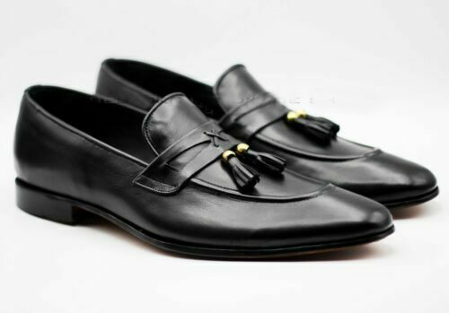 Men's Bespoke Handmade Genuine Black Leather Slip On Tassels Formal Shoes 