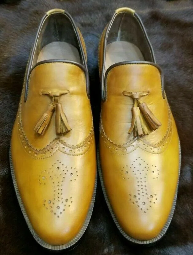 720- Handmade Men's Genuine Tan Leather Slip-On Oxford Wingtip Tassles Fomal Shoes.jpg