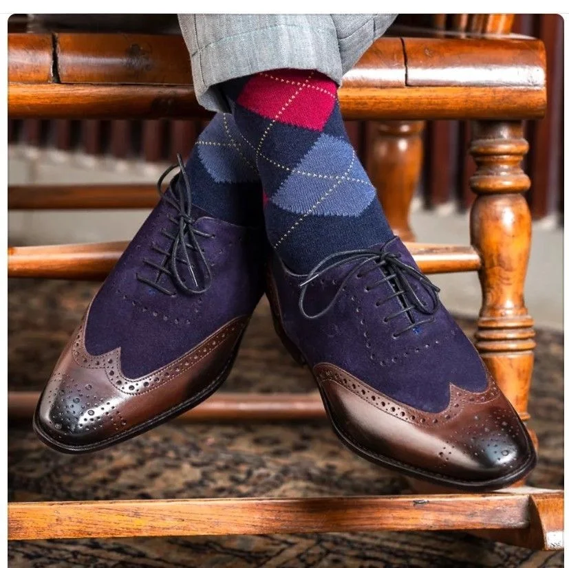 723-Handmade Men's Genuine Navy Blue Suede & Brown Leather Oxford Brogue Formal Shoe.jpg