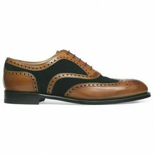 740- Men's Handmade Tan Leather And Black Suede Two Tone Oxford Brogue Wingtip Shoes.jpg