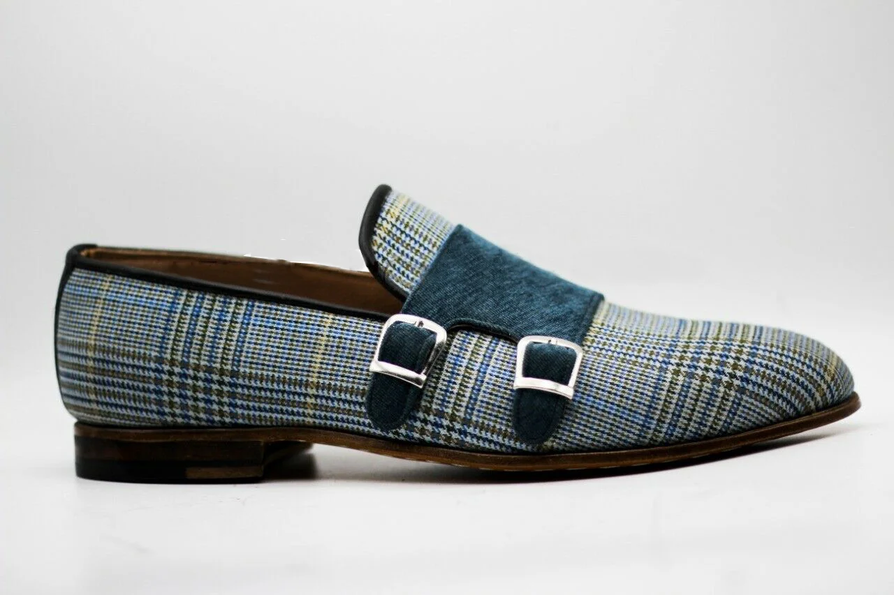 742- Men's Hand Stitched Two Tone Fabric & Velvet Slip On Double Monk Formal Shoes.jpg