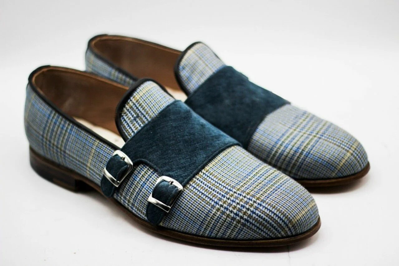 742-1 Men's Hand Stitched Two Tone Fabric & Velvet Slip On Double Monk Formal Shoes.jpg