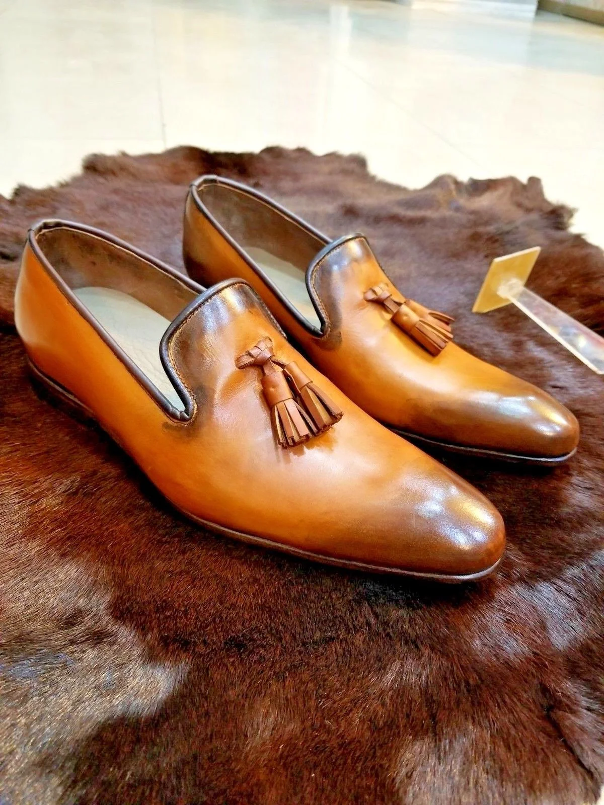 743- Handmade Men's Genuine Tan Leather Moccasins Loafers & Slip On Tassels Shoes.jpg