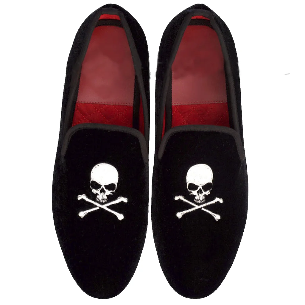 747- Handmade Men's Black Velvet Skull Logo Silver Embroidery Loafers & Slip Ons Shoe.jpg