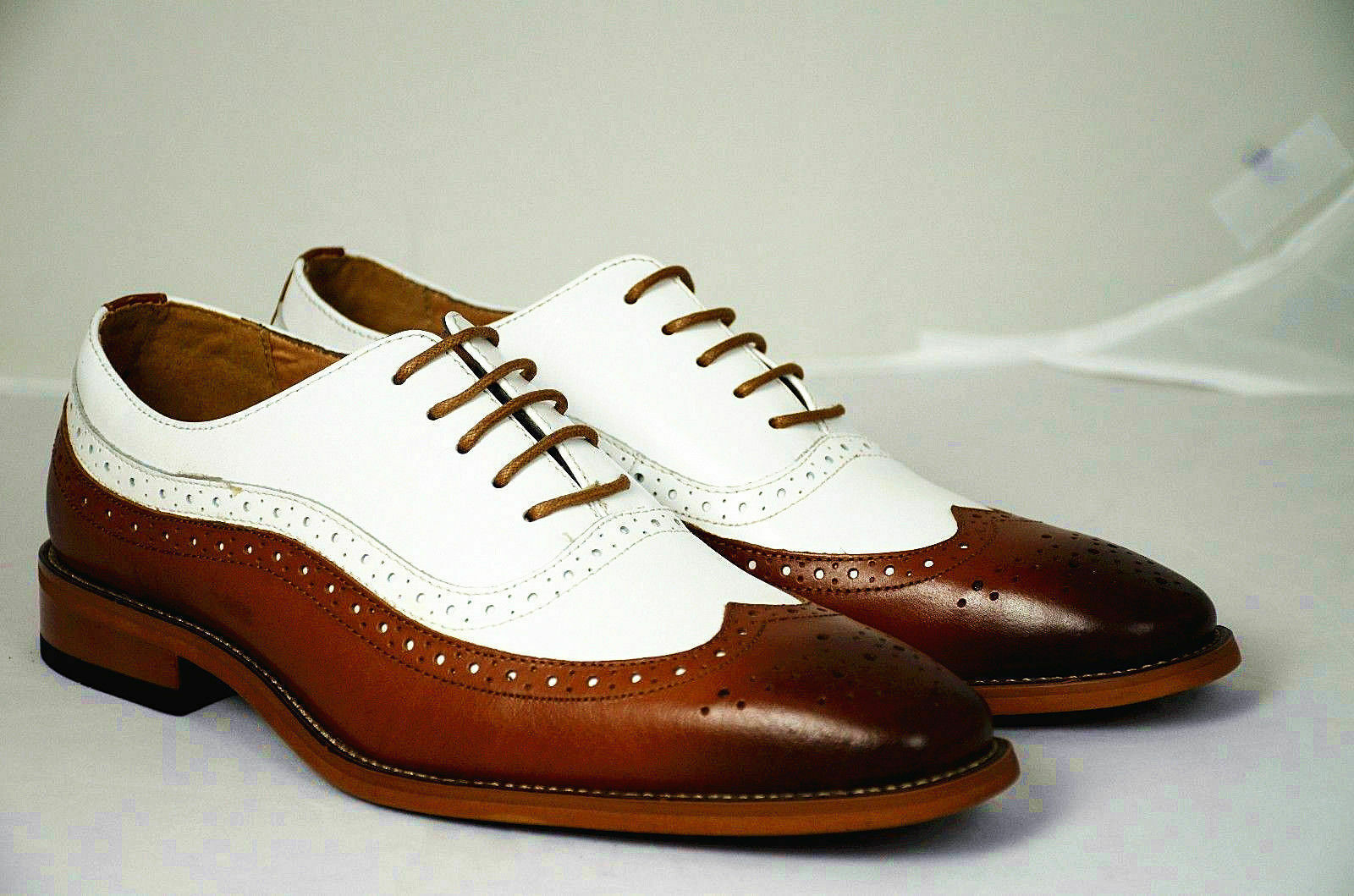 Mens Handmade Formal Shoes White & Brown Leather Wing Tip Brogue Two Tone Boots