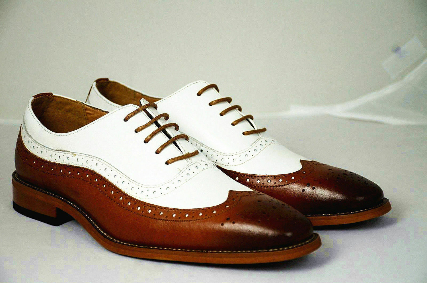 Men's Handmade Shoes Two Tone Dark Tan & White Brogue Oxford Formal Lace Up  Boots FWS-618 — Curvento