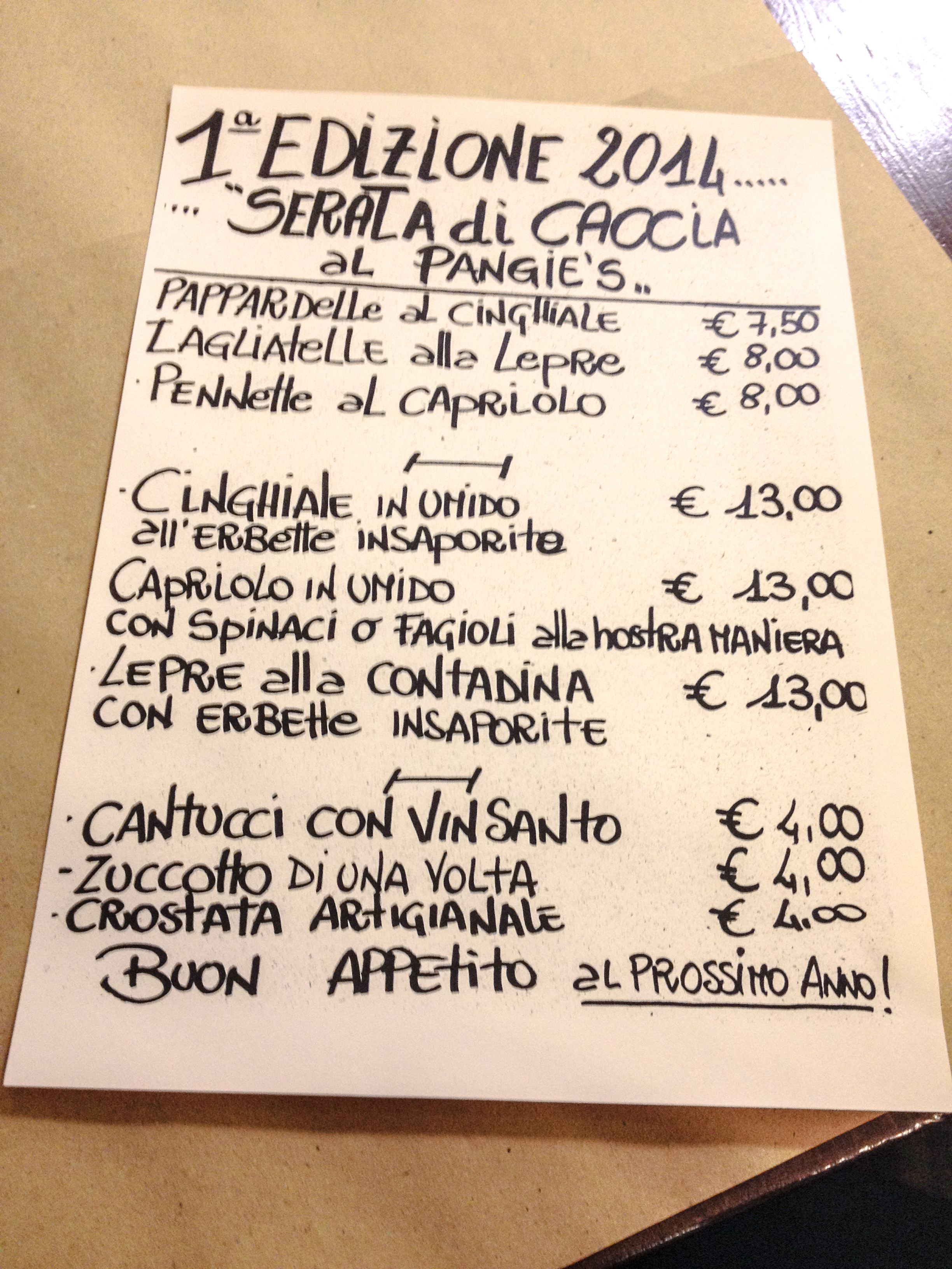 Hunting menu at Pangies in Florence,