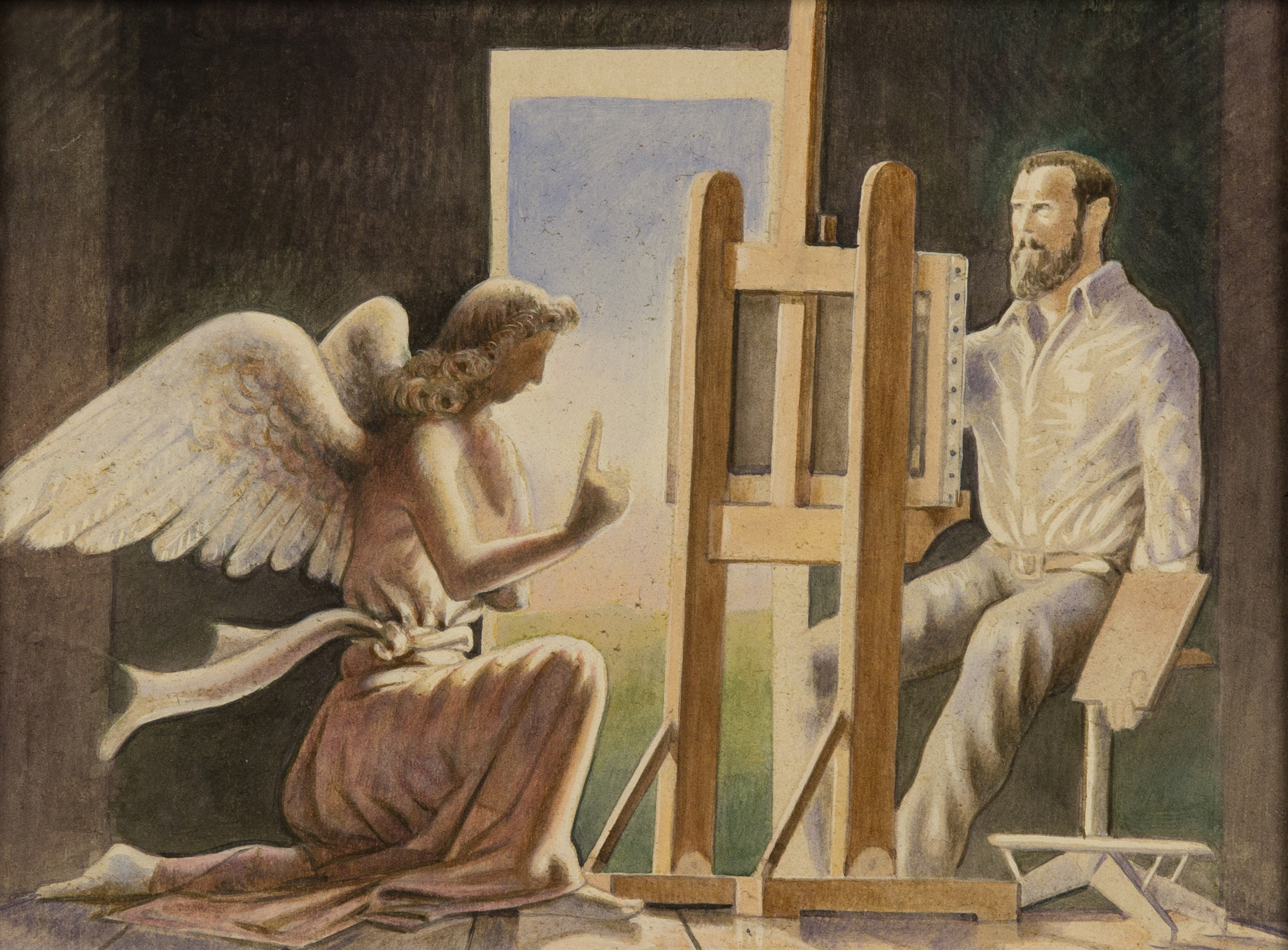   L’angelo nello studio dell’artista , acquerello su tavola, cm 18x24, 2004 