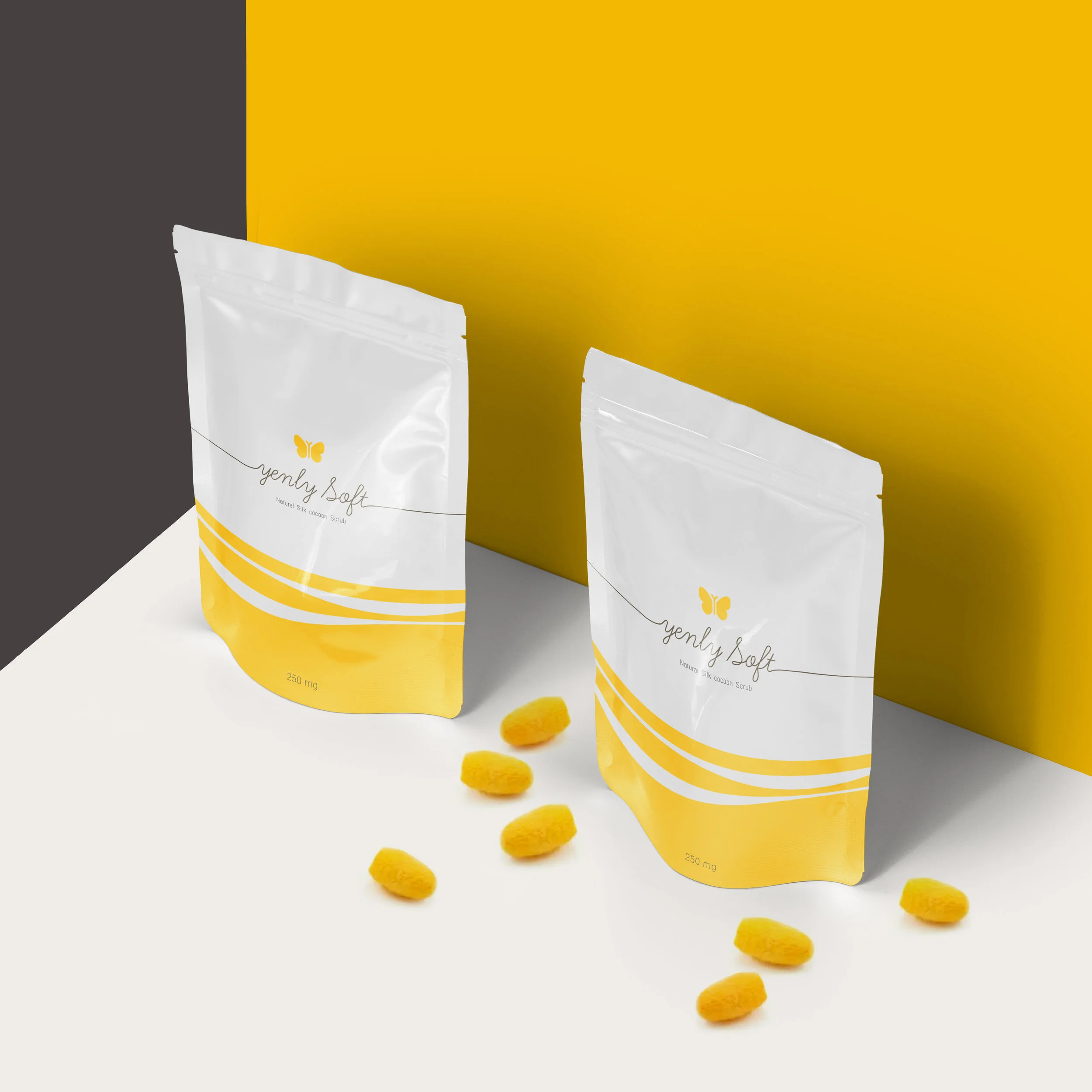 YENLY SOFT cocoon scrub : Logo / CI Branding / packaging. The line from cocoon is a inspiration for Design.