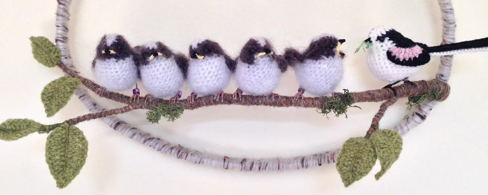 Baby long-tailed tits fibre art picture