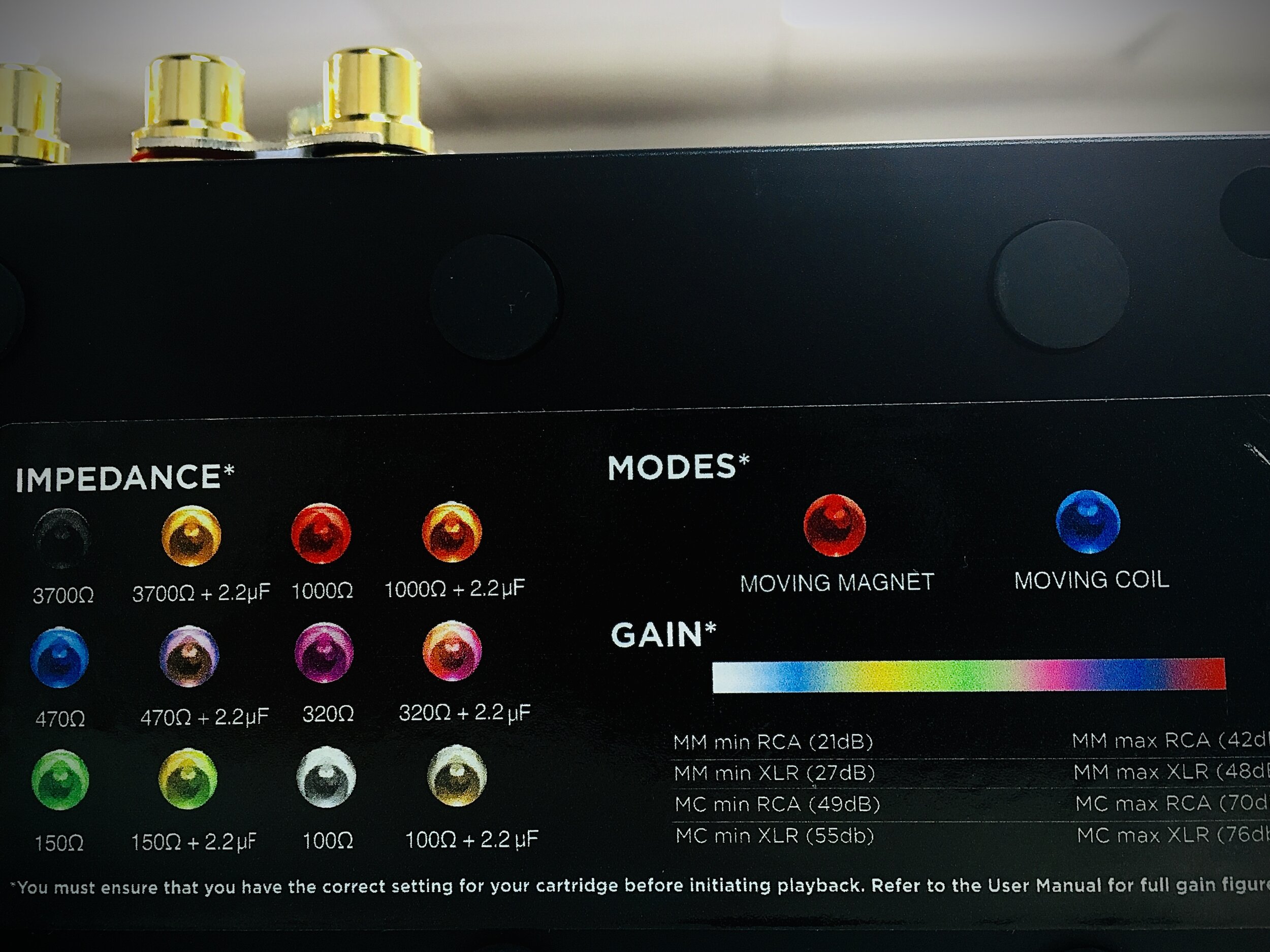 Chord Huei phono stage with sticker placed under unit - colour reference sticker with impedance, gain, MC &amp; MM settings