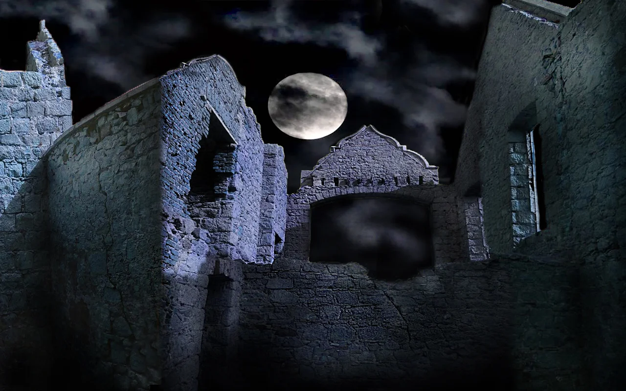 Slain’s Castle in Aberdeenshire, thought to have inspired Bram Stoker to write Dracula. Projection for Comedy Dracula.