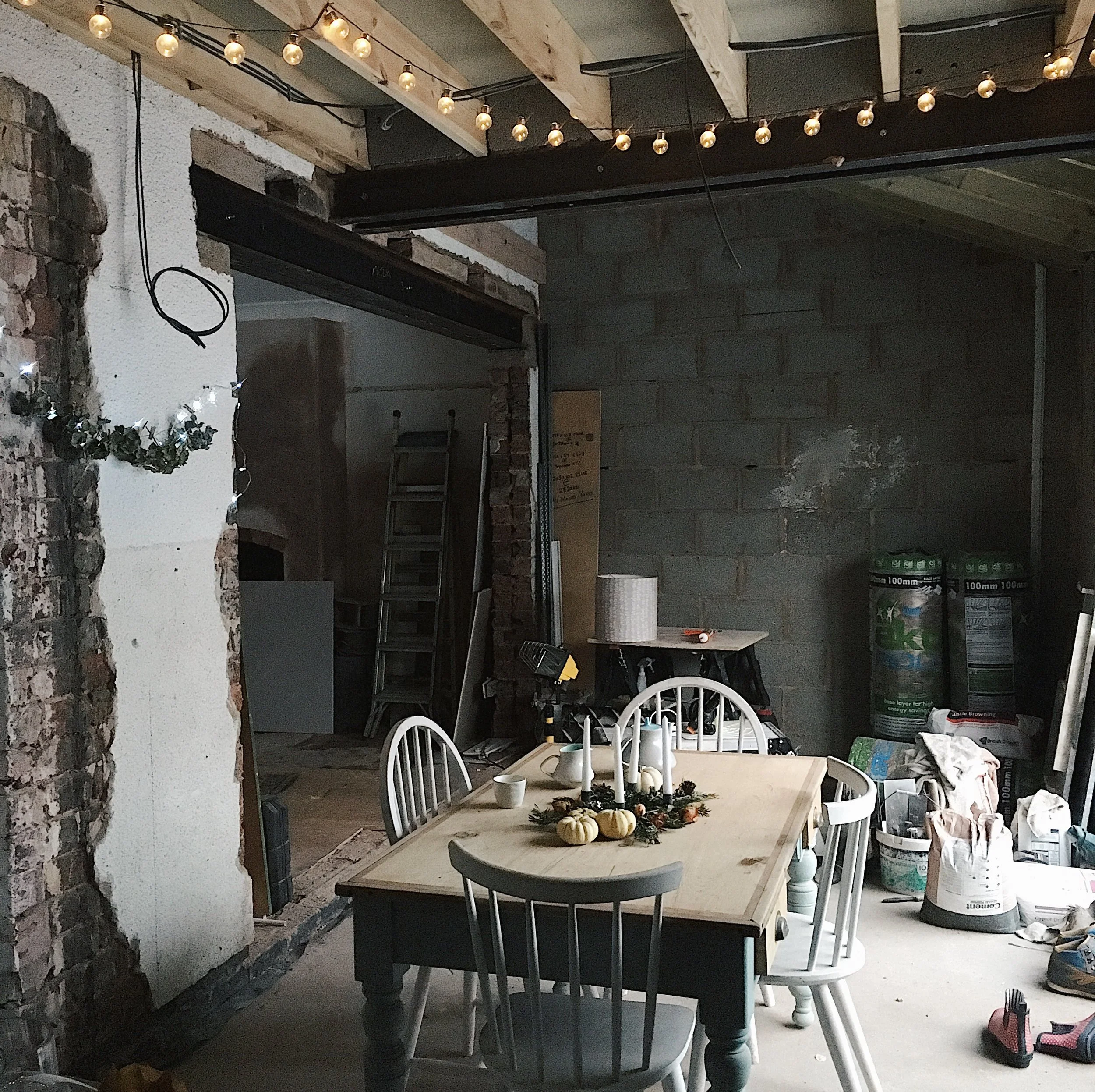 Your dining table can still look pretty even when there are bags of plaster everywhere!