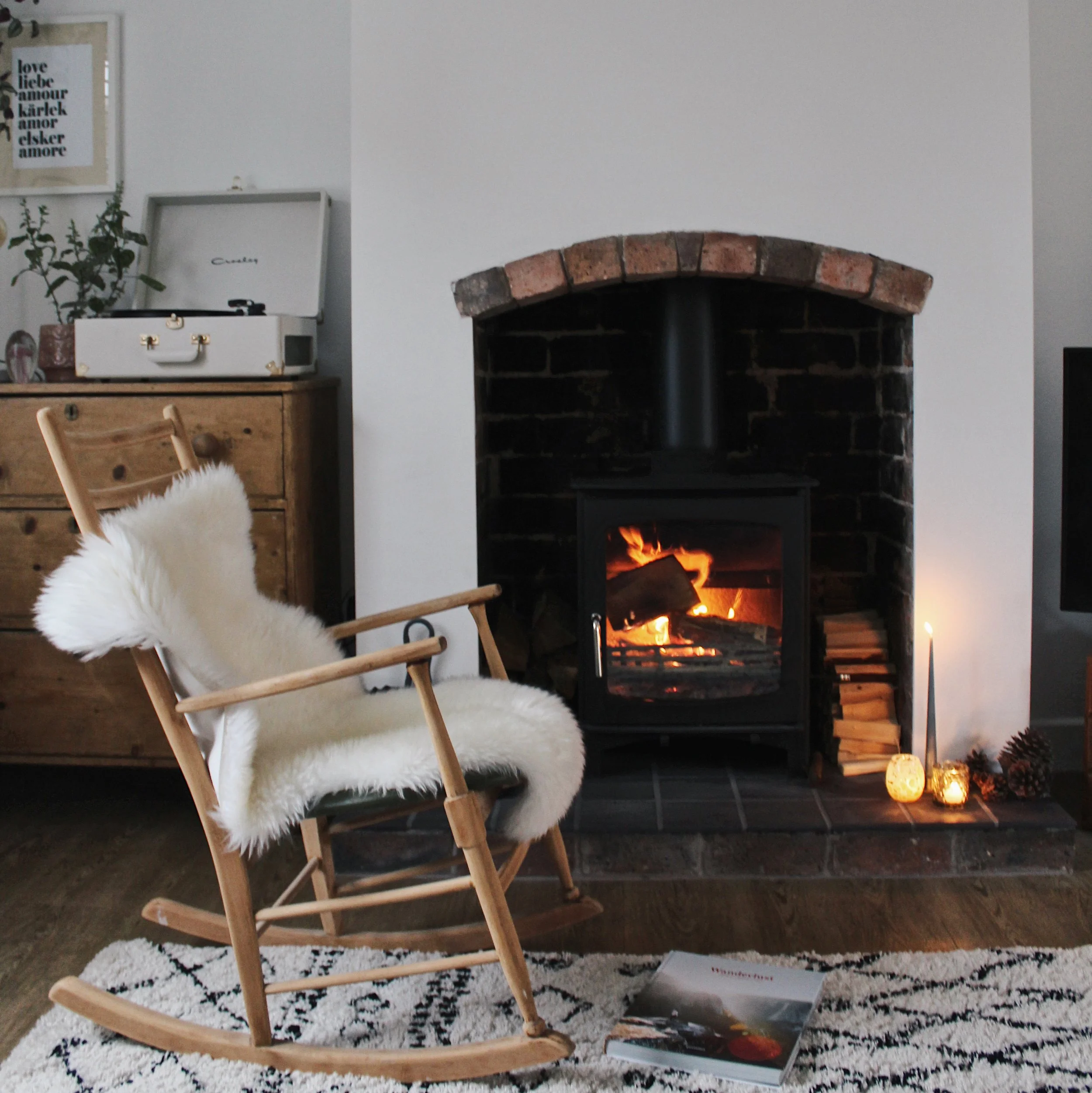 I am so pleased with how my Dad build the fireplace. He made the arch, re-plastered around it and built the hearth with reclaimed bricks. The tiles are slate and we have these in the entrance by the front door too. These materials really compliment the vintage furniture and add to the homely and relaxed feel I wanted.