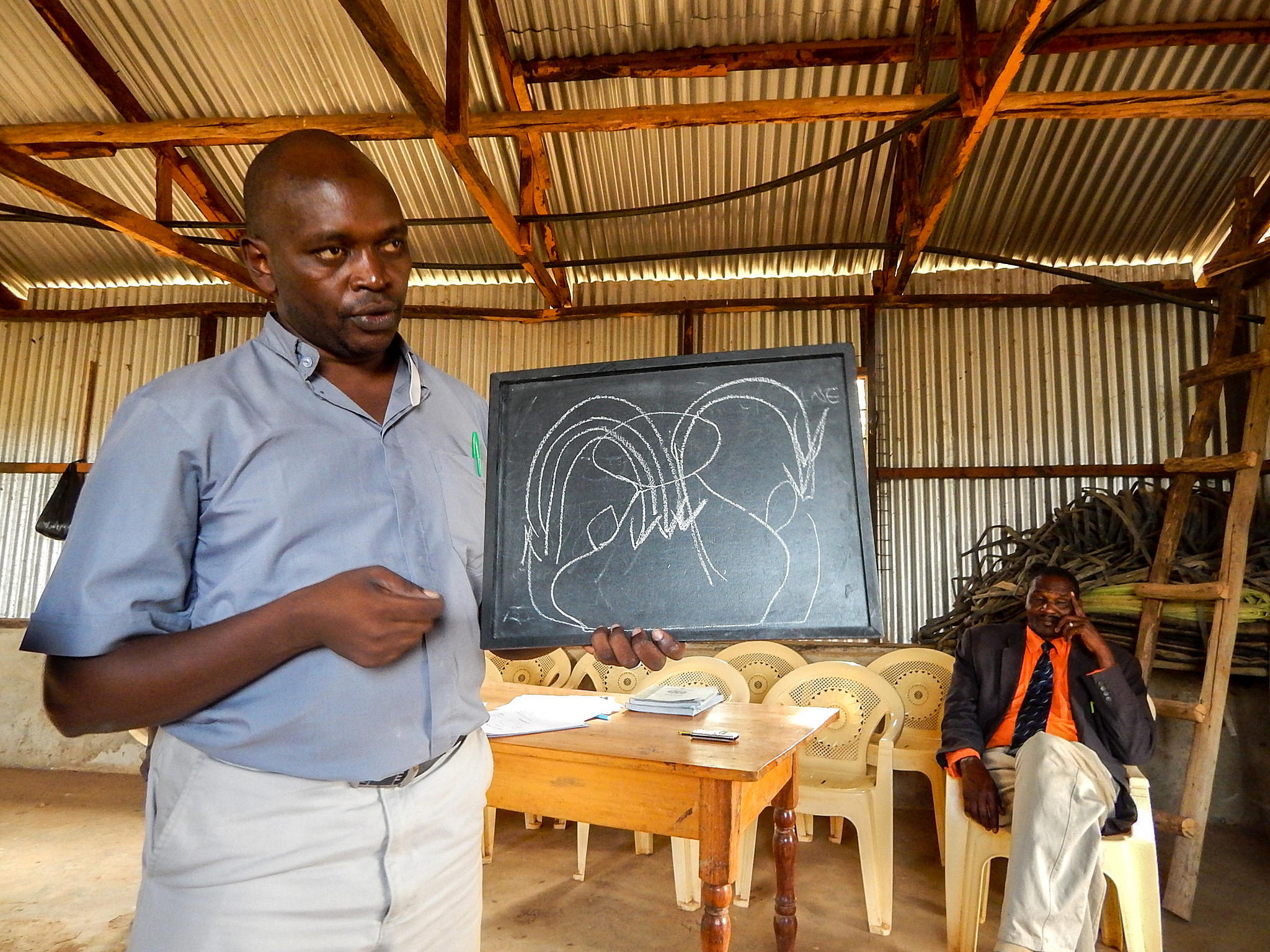 The trainer uses a water-gourd analogy to show how funds flow in and out of the group.