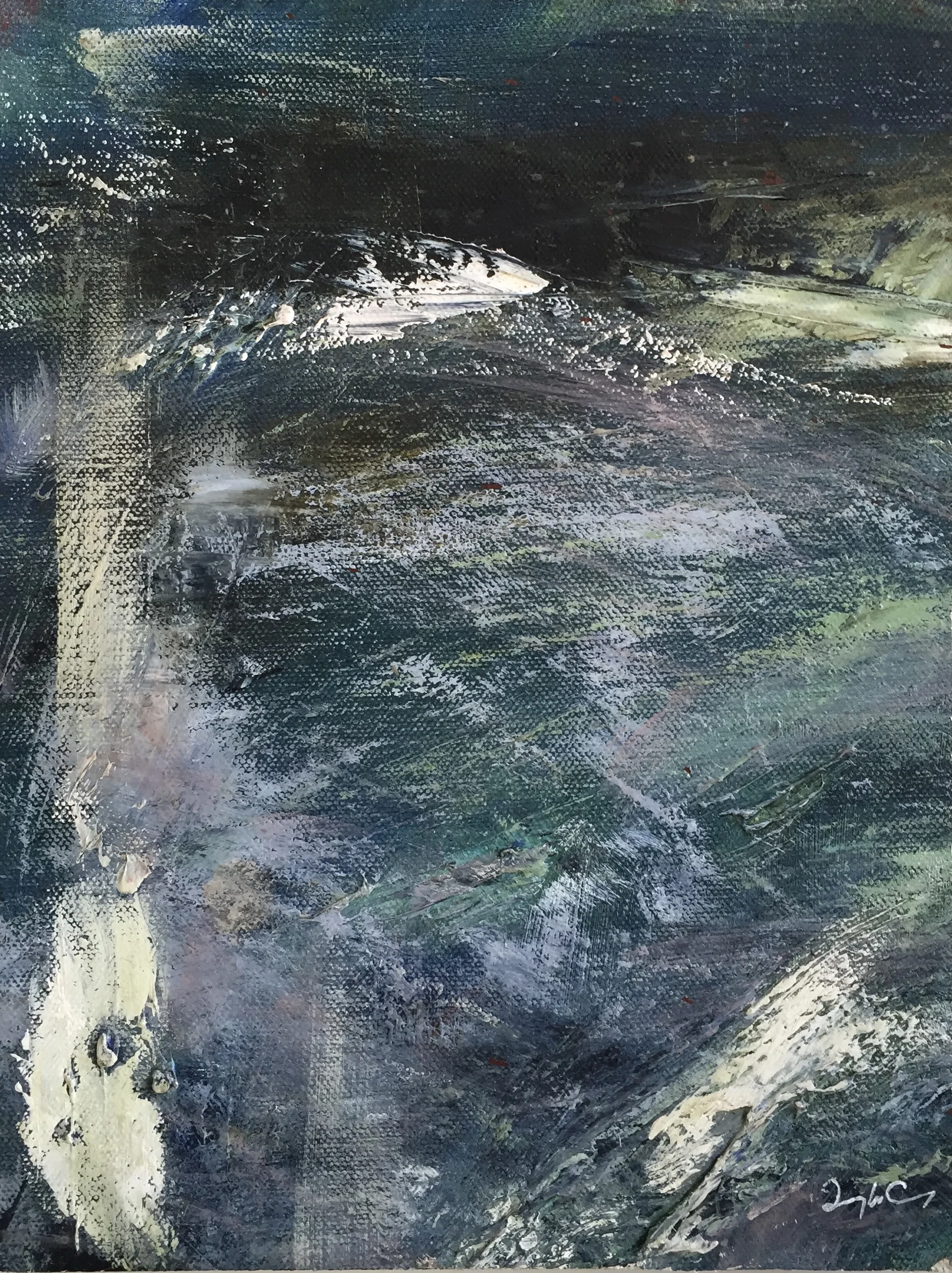 Approaching Skellig Michael Painting 23cm x 30cm. Frame 41cm x 49cm. Oil on canvas on board. Sister painting to 'Sun Splitting The Summit, Skelling Michael'. €sold