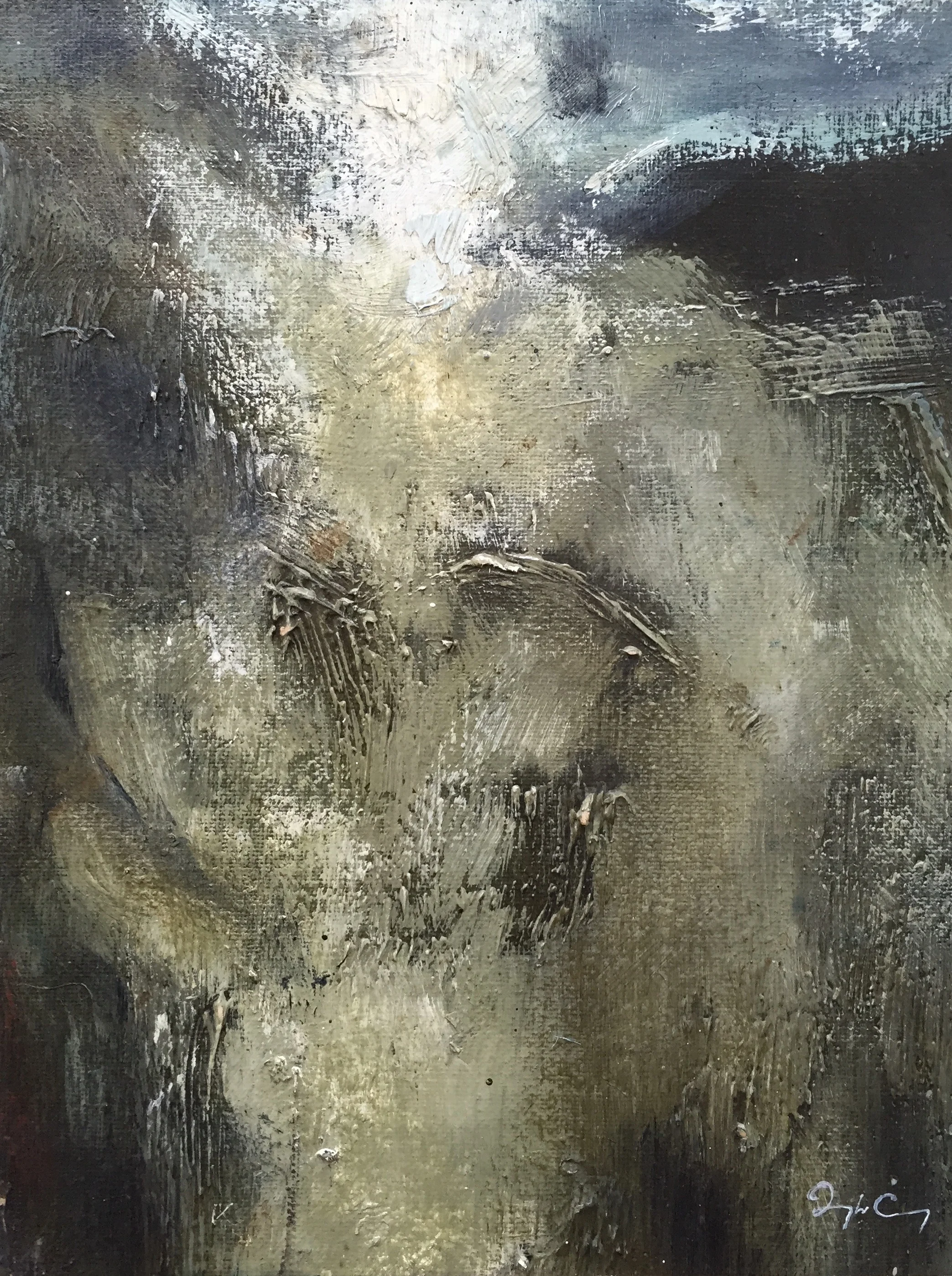 Sun Splitting The Summit, Skellig Michael Painting 23cm x 30cm. Frame 41cm x 49cm. Oil on canvas on board. Sister Painting to 'Approaching Skellig Michael'. €sold