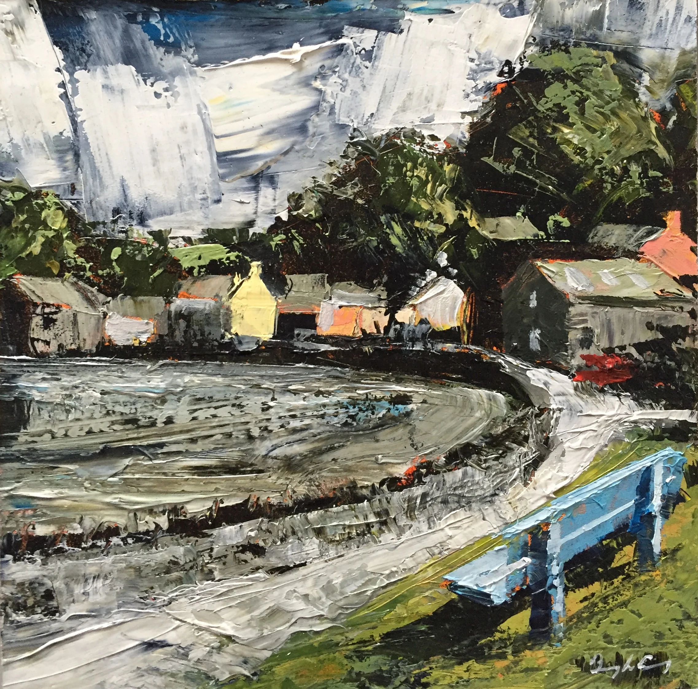 Blue Bench, Unionhall Painting 15cm x 15cm. Frame 40cm x 40cm. Oil on board. €295