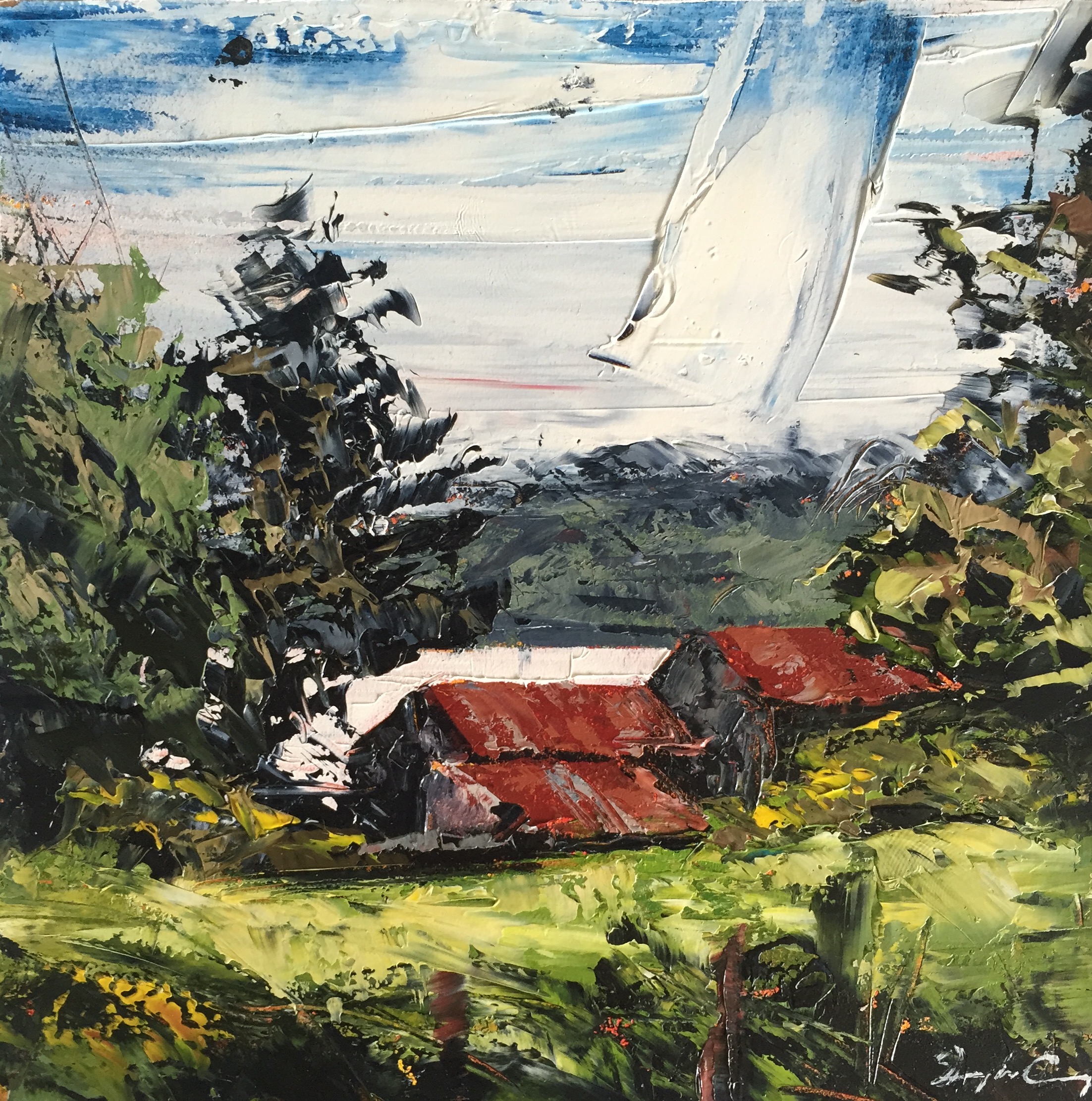 Sheds, Corradarrigan, oil on board, 15cm x 15cm
