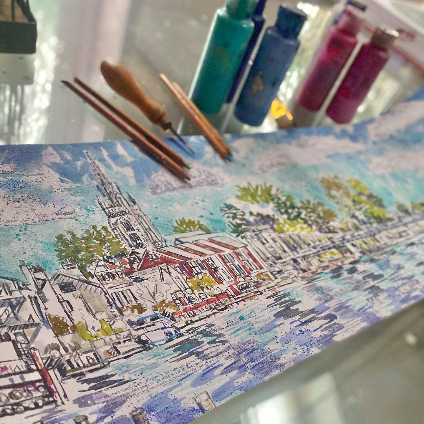 Embellishing &lsquo;View of Marlow Bridge&rsquo; today ready to frame for a Christmas gift. 
I&rsquo;m still taking orders for presents so do get in touch if you fancy a special piece for a friend or just because! 
I am offering pieces in my studio a