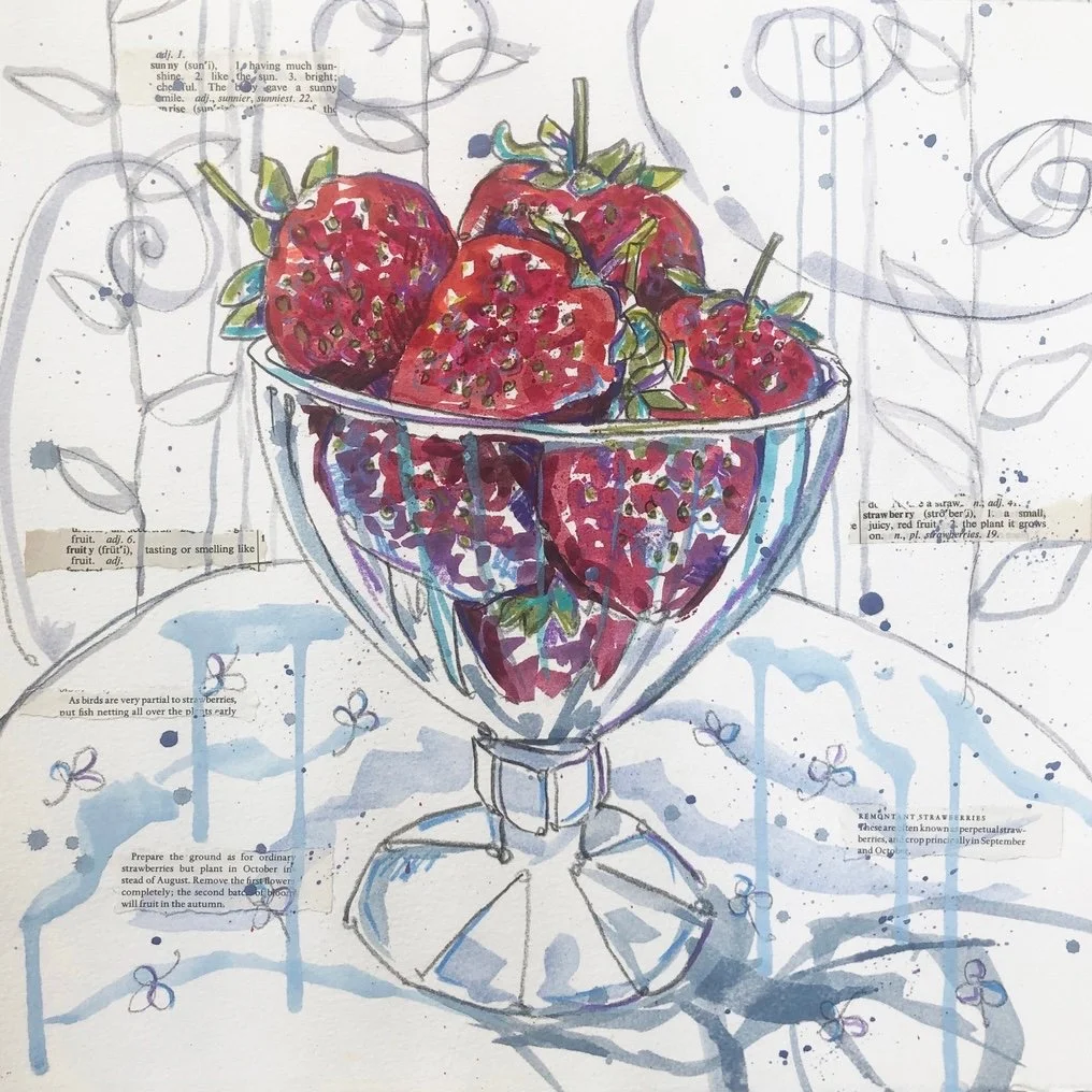just a little nod to Wimbledon, I painted these strawberries in my garden with the tennis on in the kitchen.. the shapes behind are my garden bench. Loving the parade of Wimbledon champions!