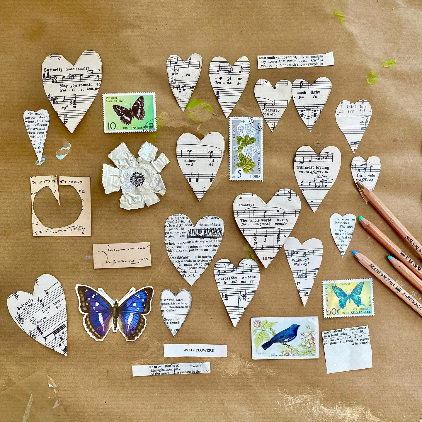 Painting today.. just arranging a few collage pieces and it made me smile.. I&rsquo;m making little originals on antique envelopes.. thinking which flowers to study.. lavender, love in the mist.. daisy, dandelion or water lily? dm if you have a favou