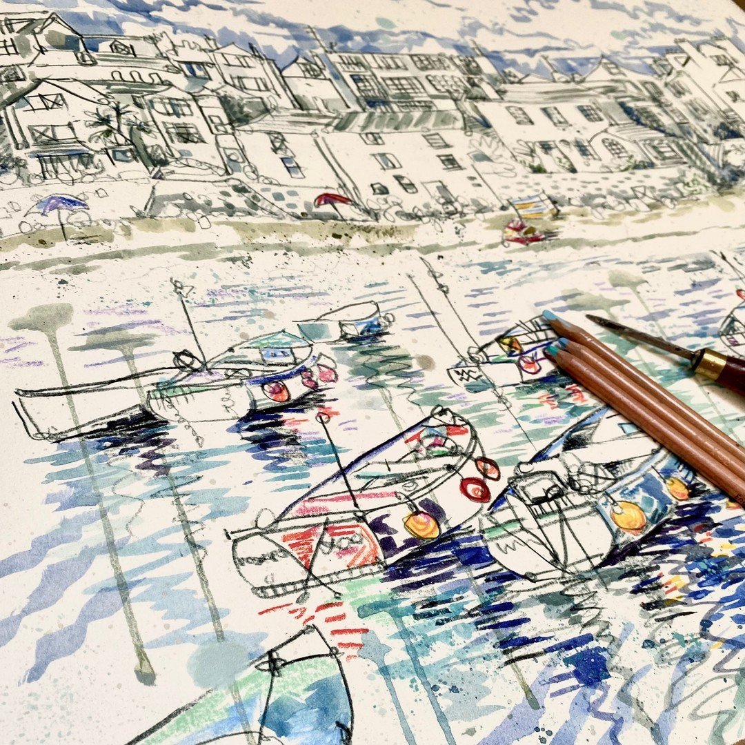 Offer! Special edition St Ives Seascape with Boats 1&rsquo;.. embellished with paint and pencil size 45 x 59cm RRP &pound;145 .. dm to make this yours for &pound;95​​​​​​​​
​​​​​​​​
The Classic view of the 3 arches and beach with boats and bright buo