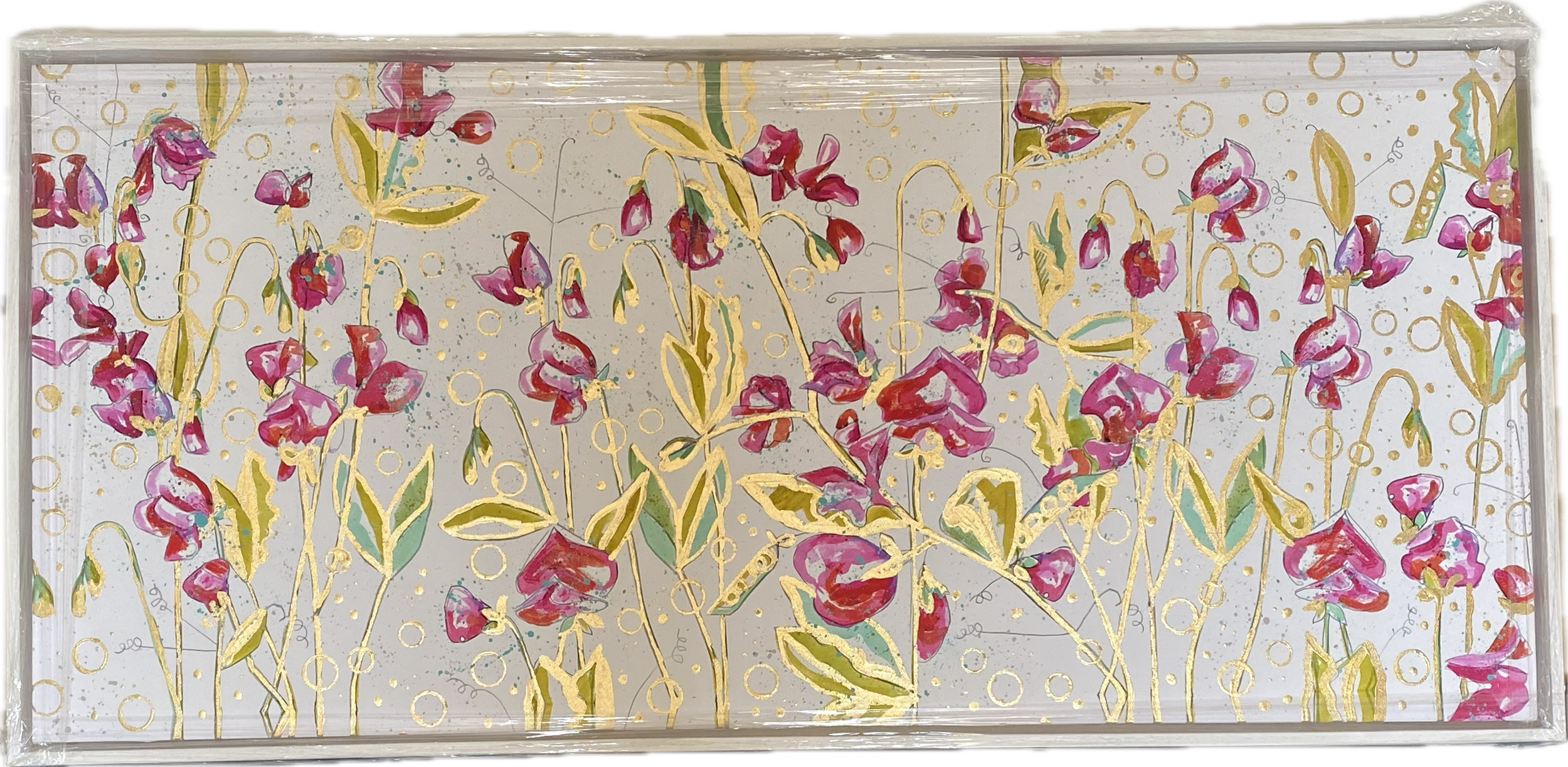 Sweet Peas in Pink and Green Embellished Artwork