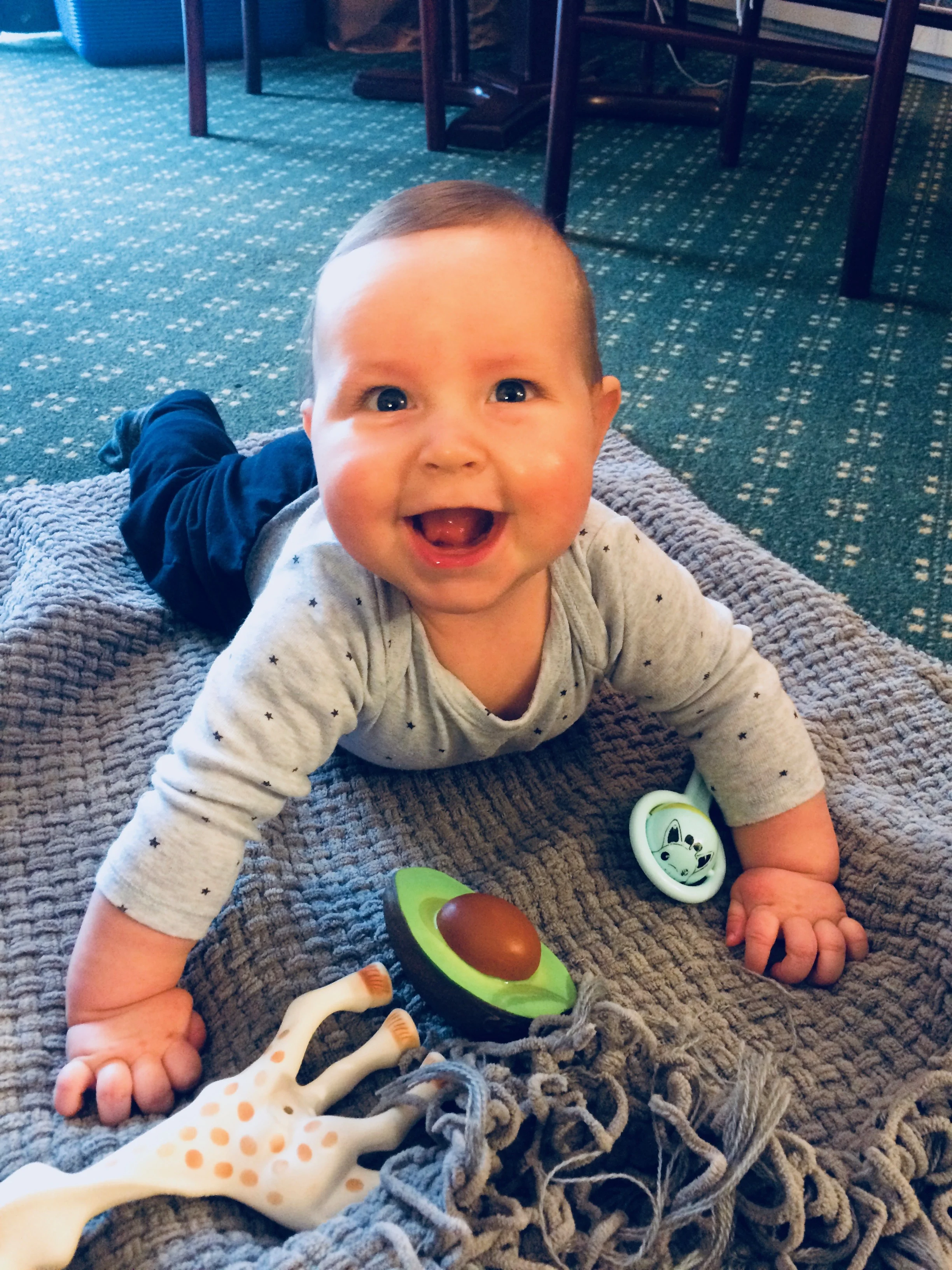 Benji enjoying some tummy time in one of the hotels. At least somebody was having a good time!